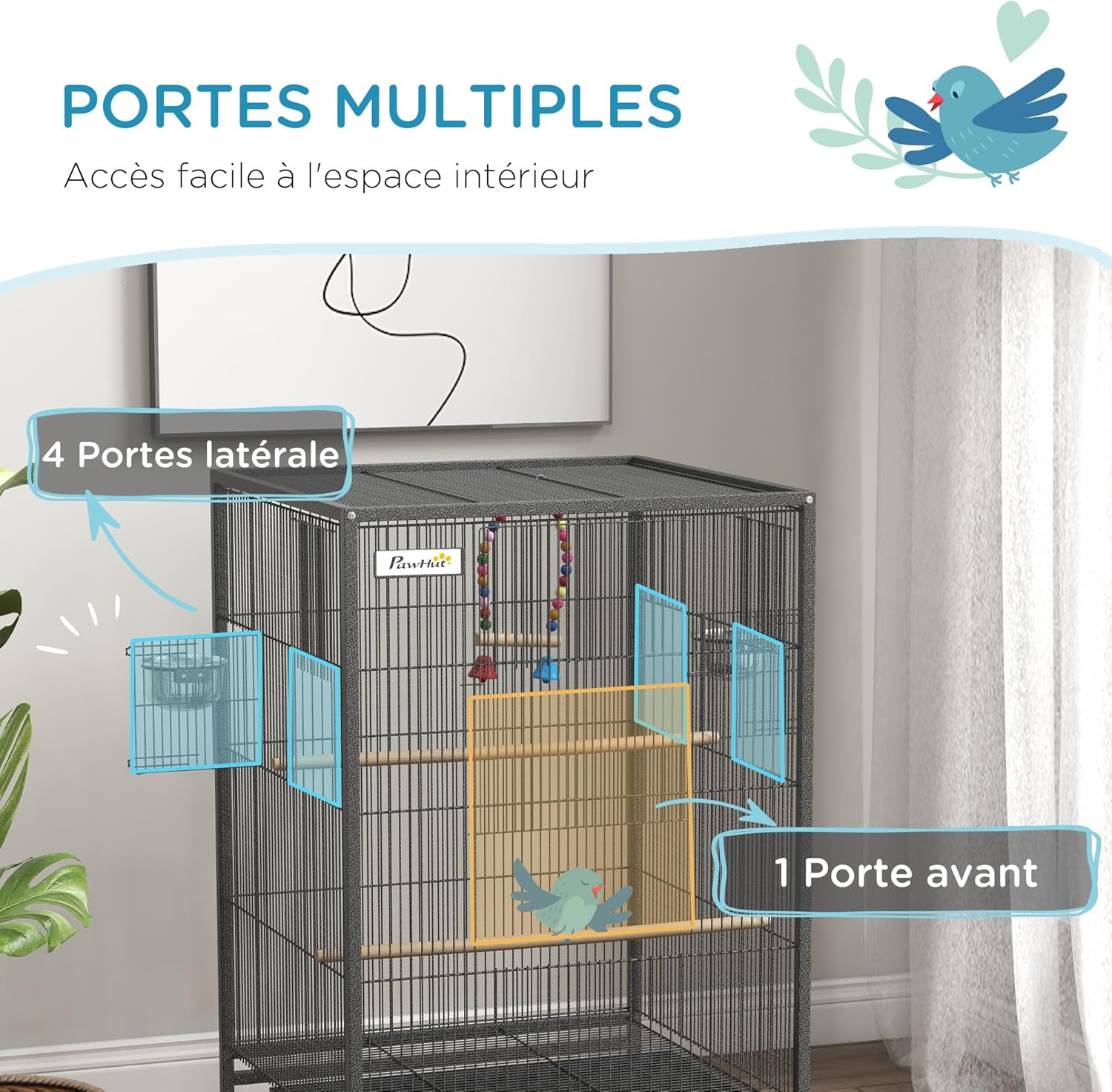 Detalle de PawHut Cage à Oiseau sur Pied – Volière 48 x 46 x 78 cm en Acier Noir, avec balançoire et perchoirs