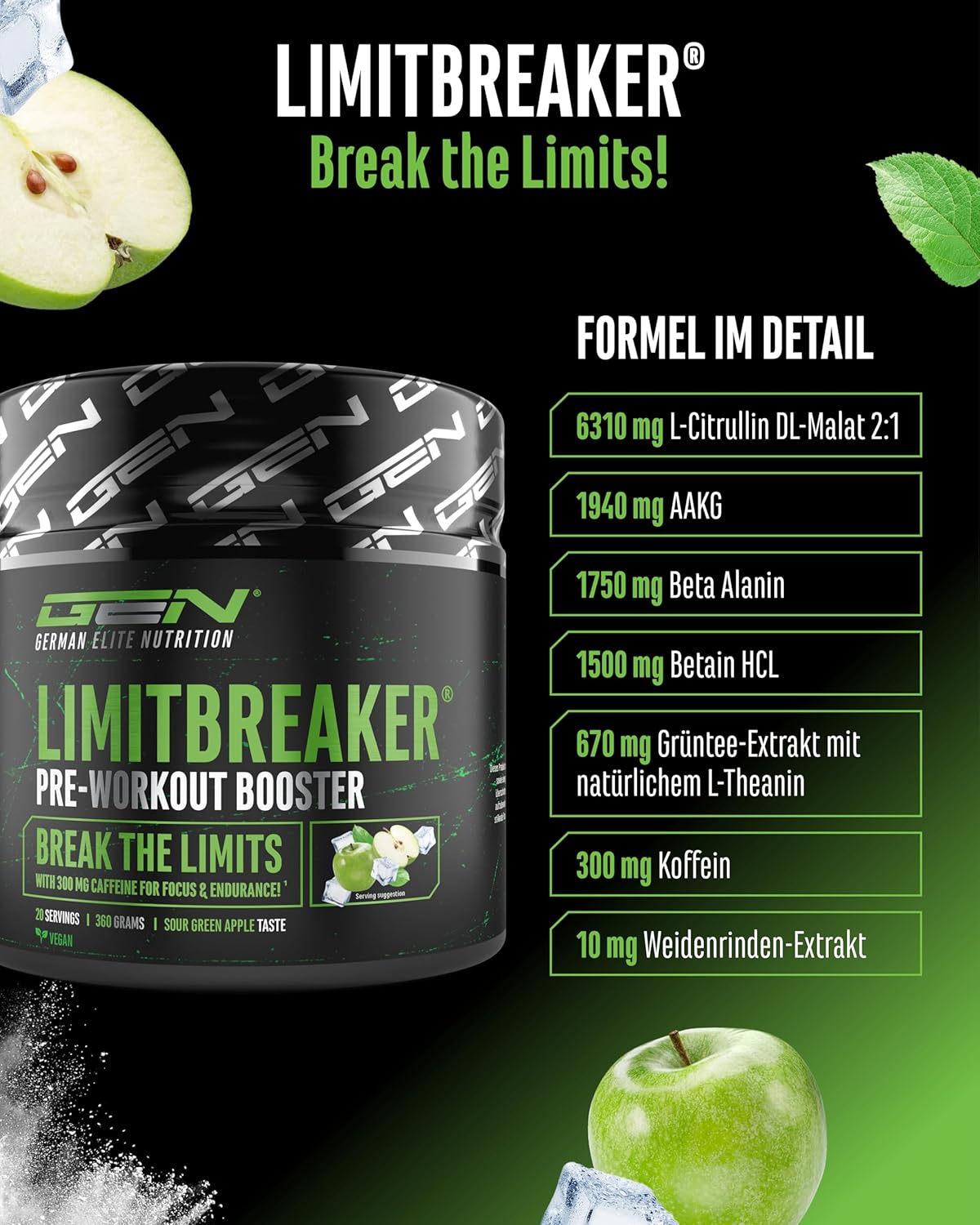 Detalle 2 de LIMITBREAKER® Pre Workout Booster mit Koffein 300 mg – Sour Green Apple, 360 g Pulver