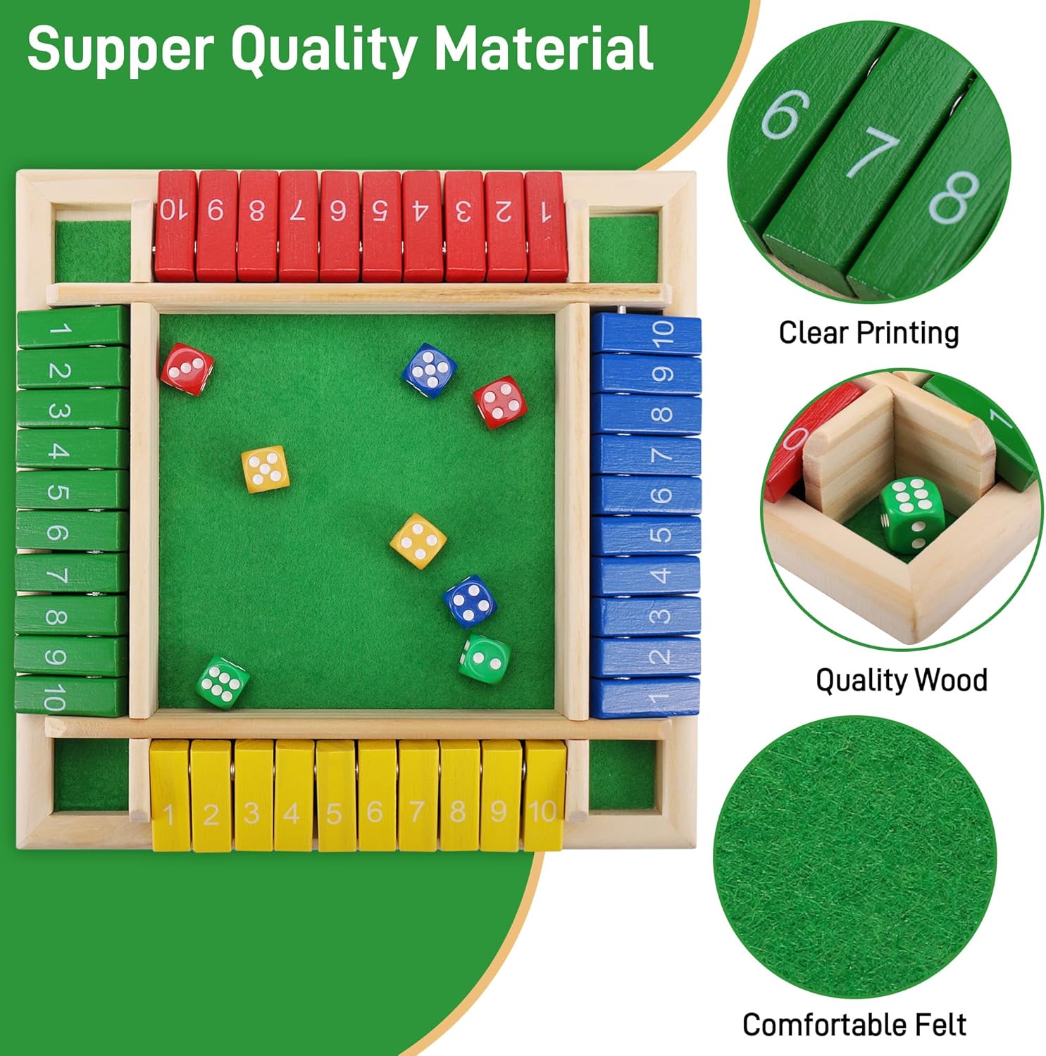Detalle 2 de Fentar Shut The Box: Wooden Dice Game for 2–4 Players