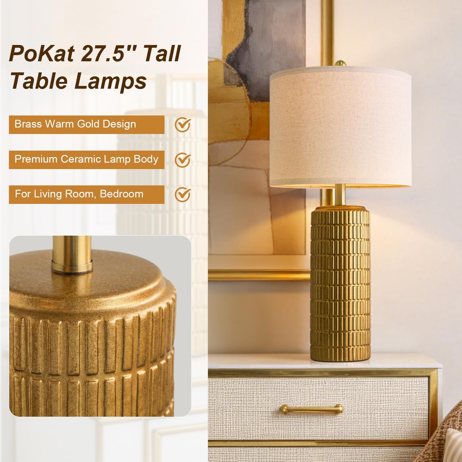 Detalle de PoKat AMZ-T1102L-GL Table Lamps, Set of 2, 27.5-Inch Antique Gold Ceramic