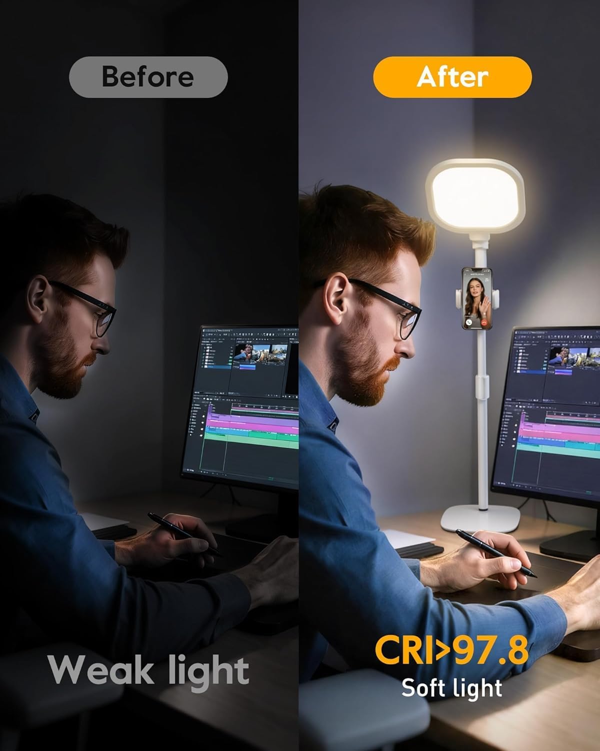 Detalle de LitONES Desk Ring Light with Stand and Phone Holder – 30 Lighting Modes, 3000K–6500K