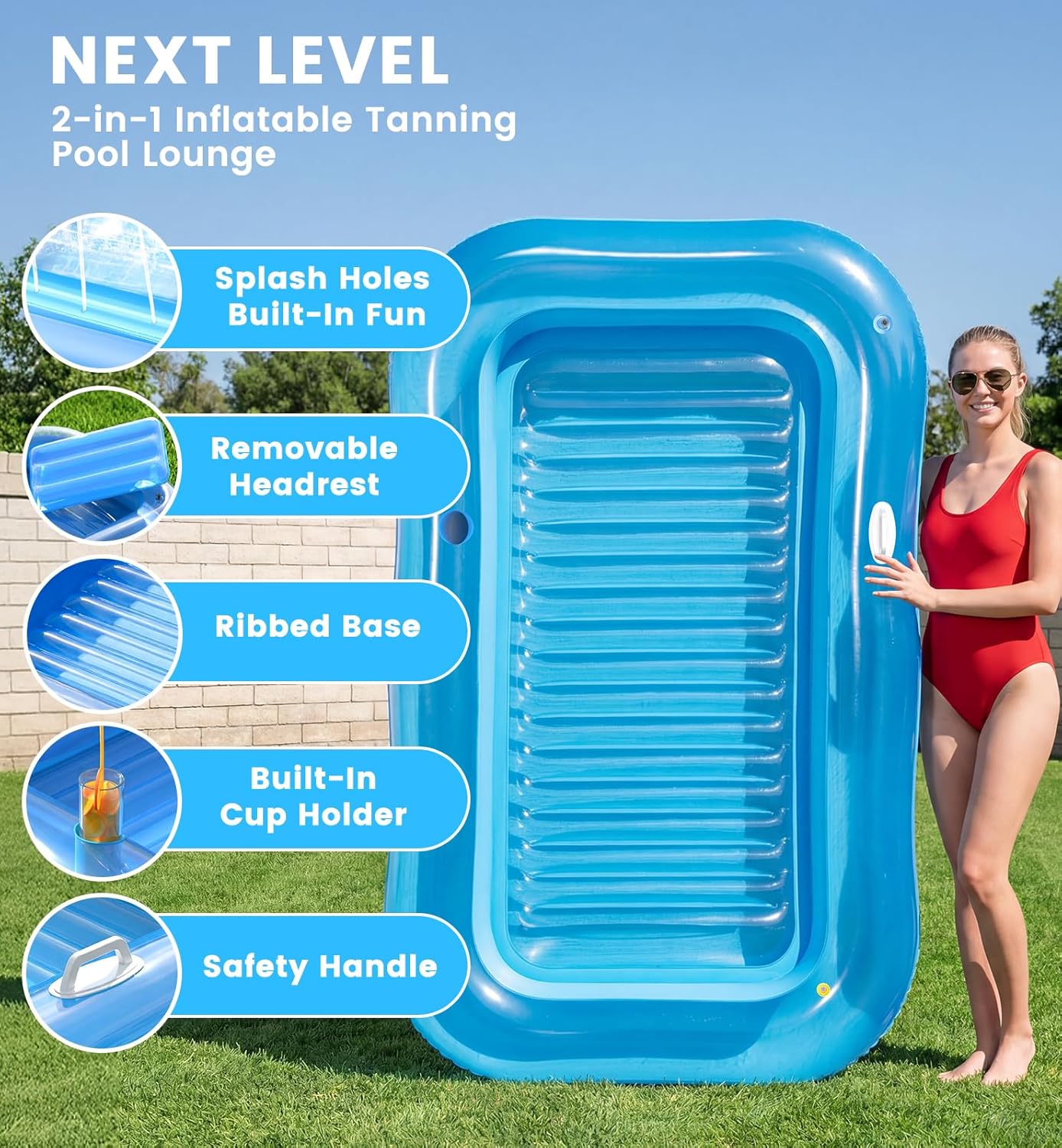 Detalle de Inflatable Tanning Pool Lounger Float with Sprinkler — 77" x 48" XL for Adults