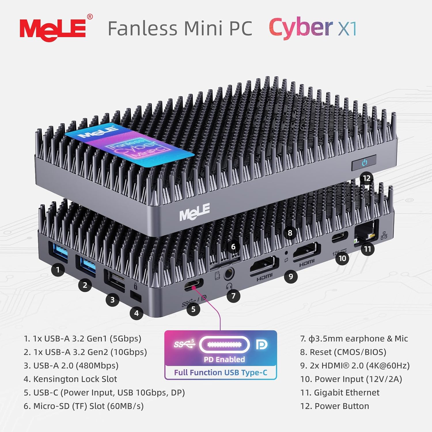 Thumbnail 3 de MeLE Cyber X1 Fanless Mini PC (N150, 8GB RAM, 256GB storage) with dual HDMI 2.0 and USB-C PD 3.0