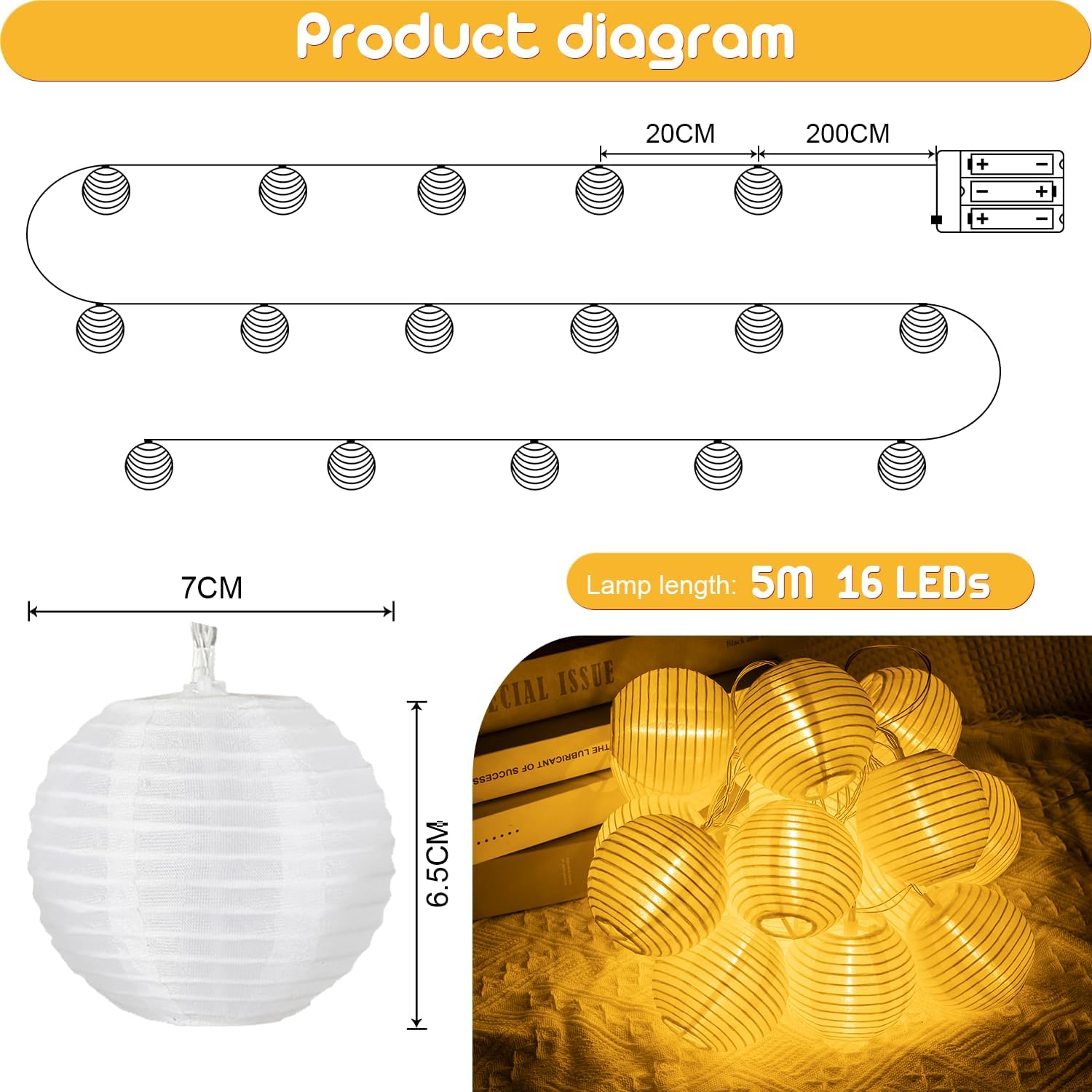 Thumbnail 2 de A.bigwhale Lampion Lichterkette Batterie – Warmweiß, 16 LED, 5 m für Garten, Balkon & Party-Deko