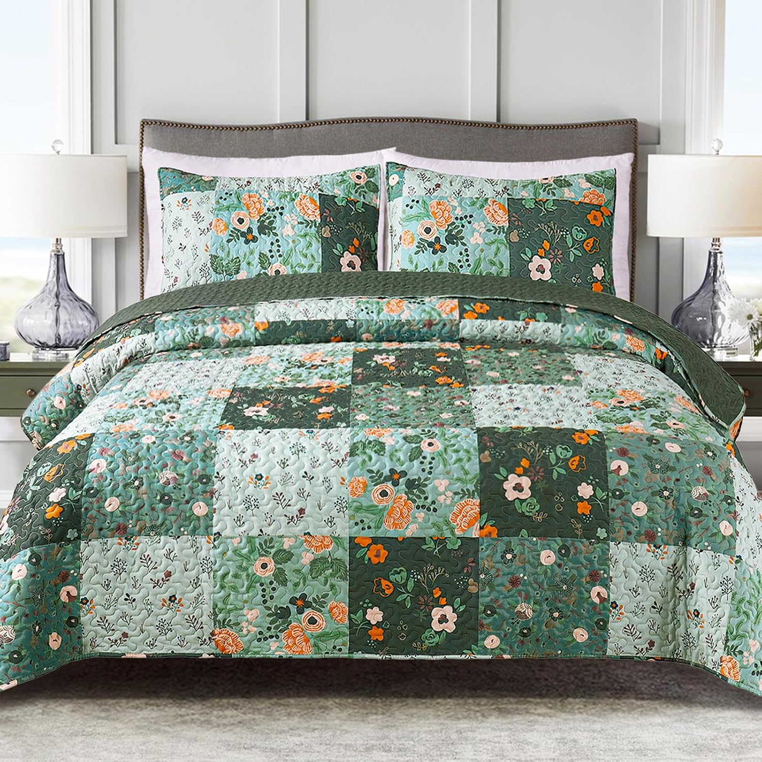 Detalle de Exclusivo Mezcla Quilt13-DGREEN-Q Queen Quilt Set, Reversible Green Floral Patchwork