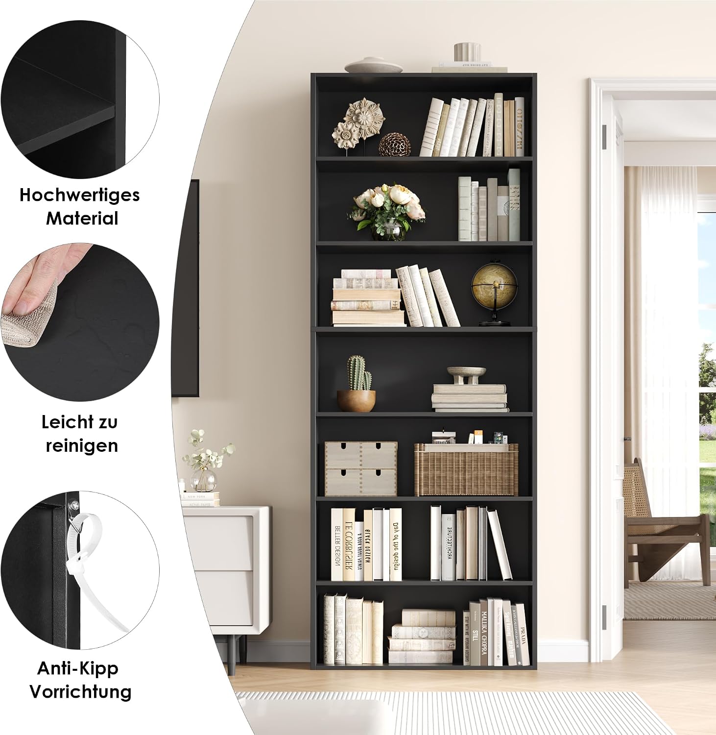 Detalle de FirFurd P423 7-Tier Bookcase, Black Engineered Wood, 60 x 23.5 x 209.5 cm