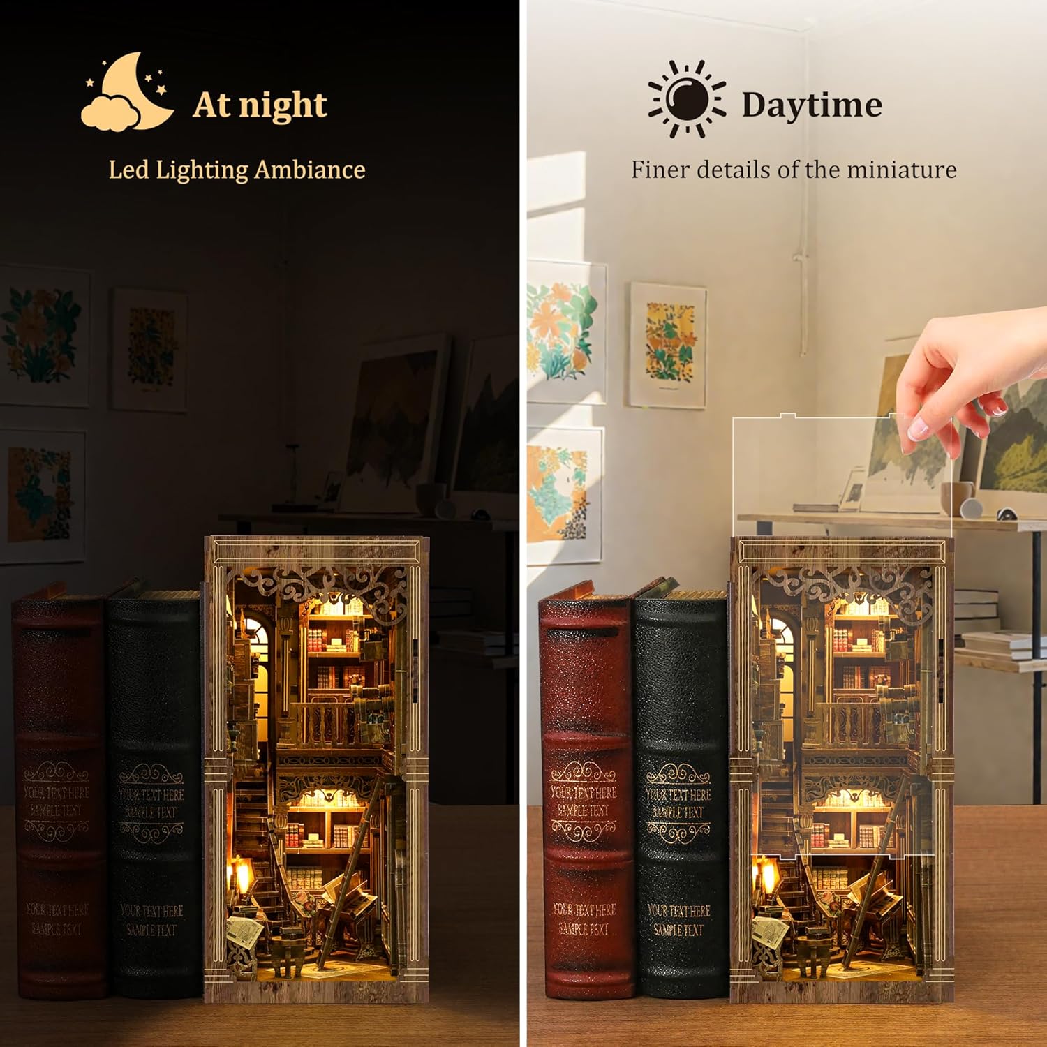 Detalle de LUMYCE Book Nook Kit für Erwachsene: Vintage Holzpuzzle Miniaturhaus mit LED für Bücherregal & Deko