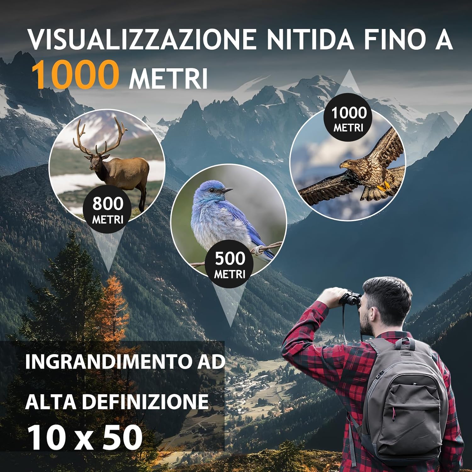 Detalle de Binocolo HD 10x50 per adulti: impermeabile, leggero e durevole per bird watching e viaggio