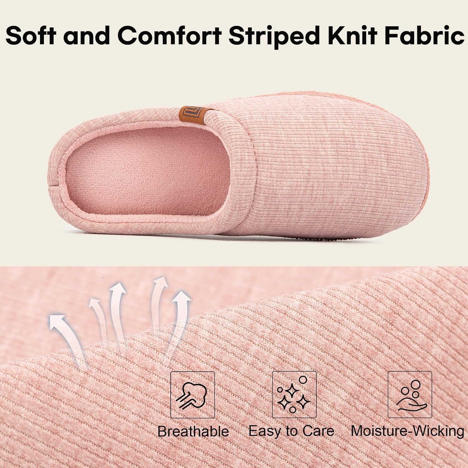 Detalle de FamilyFairy Women’s Slippers Cosy Memory-Foam Striped Knit Non-Slip Indoor Outdoor Ladies House Shoes