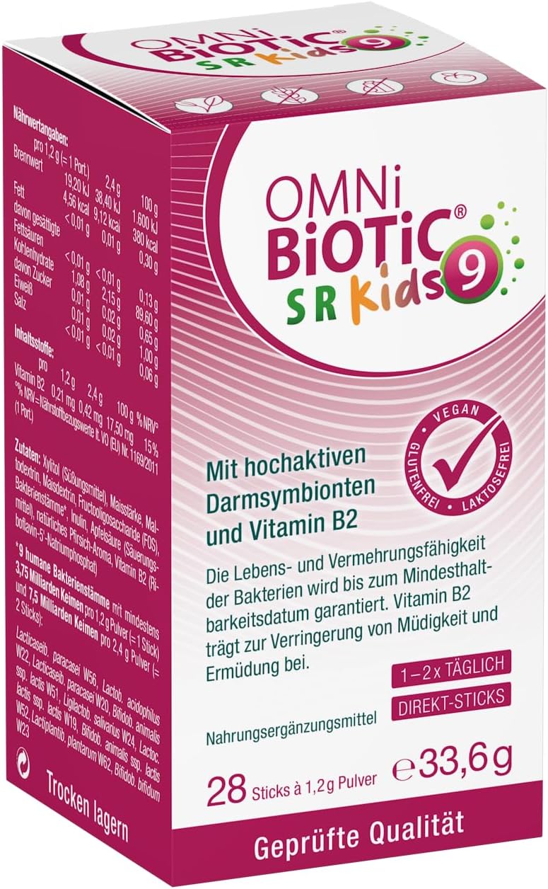 OMNi BiOTiC SR-9 Kids Direkt-Sticks (28 Stück) mit Pfirsich-Geschmack – vegan, glutenfrei, laktosefrei