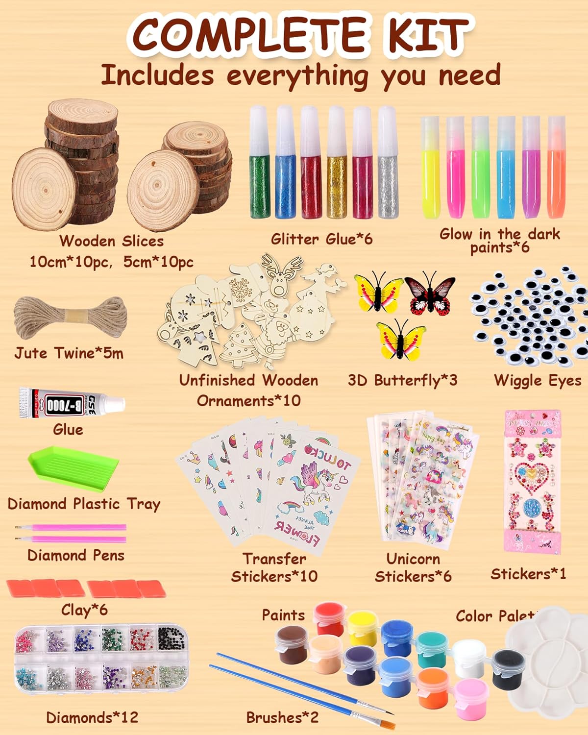 Thumbnail 1 de Yuforr 20-Piece Wooden Slice Kids Craft Kit with Glow-in-the-Dark Paint