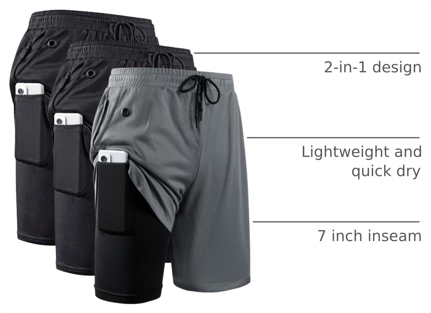 Detalle de JWJ Men's 2-in-1 Workout Shorts, 7-Inch Lightweight with Compression Liner