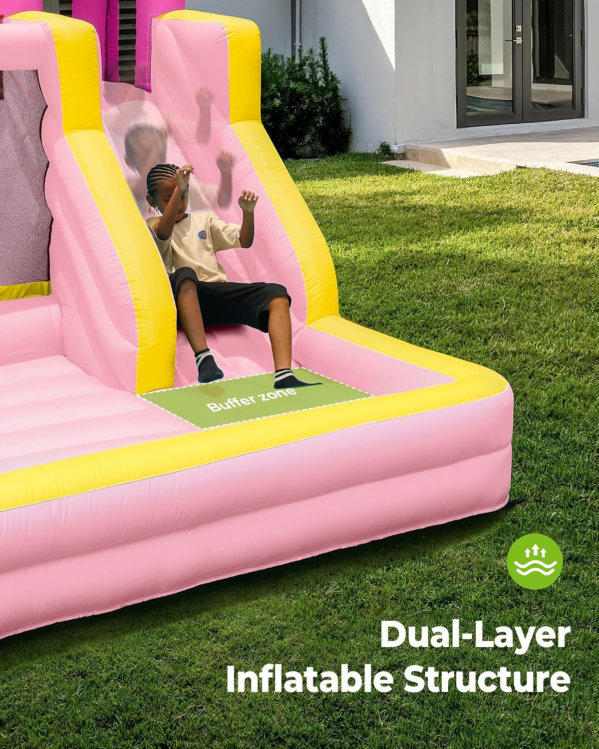 Detalle de Outfunny Inflatable Bouncy Castle with Slide, Bounce House for Children 3–12 (450W Blower) – Pink
