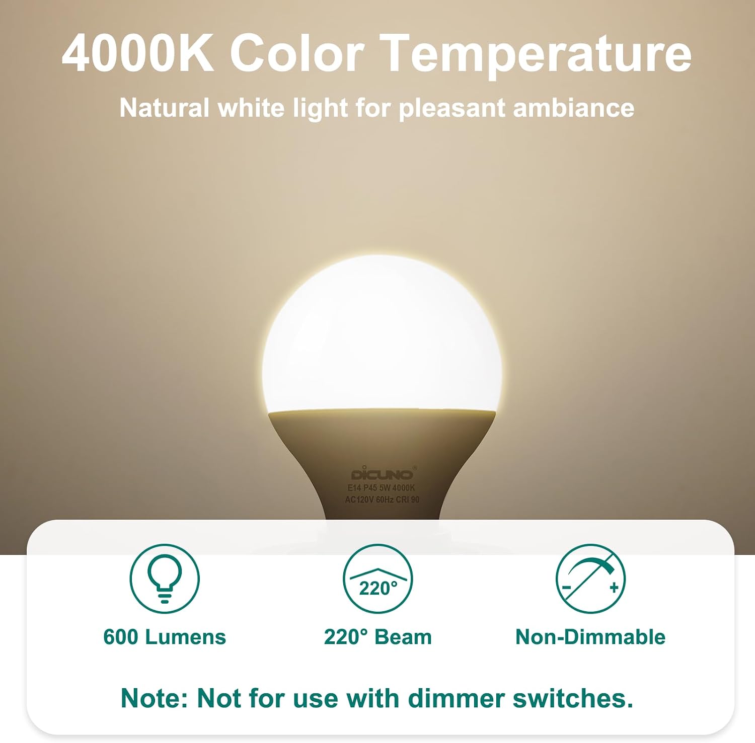 Detalle de DiCUNO CA-FB-E12-P45-5W-NW-6P A15 E12 LED Bulbs, 4000K, 6-Pack