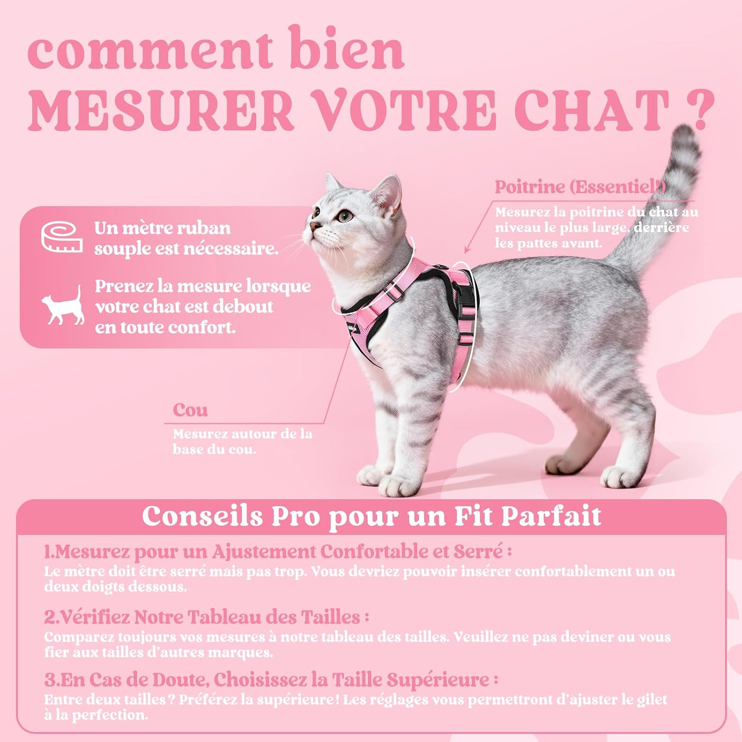 Detalle de Rabbitgoo Harnais Chat Petit Chien et Laisse – XS Rose, Réglable et Réfléchissant