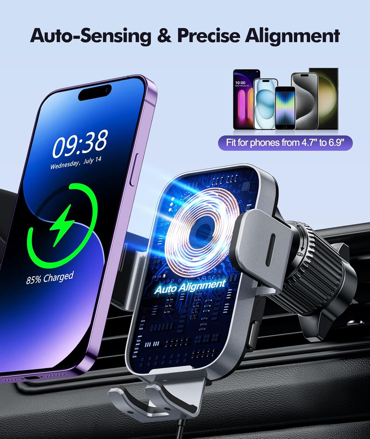 Thumbnail 5 de ISEYOU Car Phone Holder Wireless Charger 15W – Auto Clamping & 360° Air Vent Mount