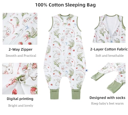 Detalle de Chilsuessy Baby Schlafsack mit Füßen 1.5 Tog – Ganzjahres-Babyschlafsack aus Baumwolle (80 cm), Erdbeer Kaninchen