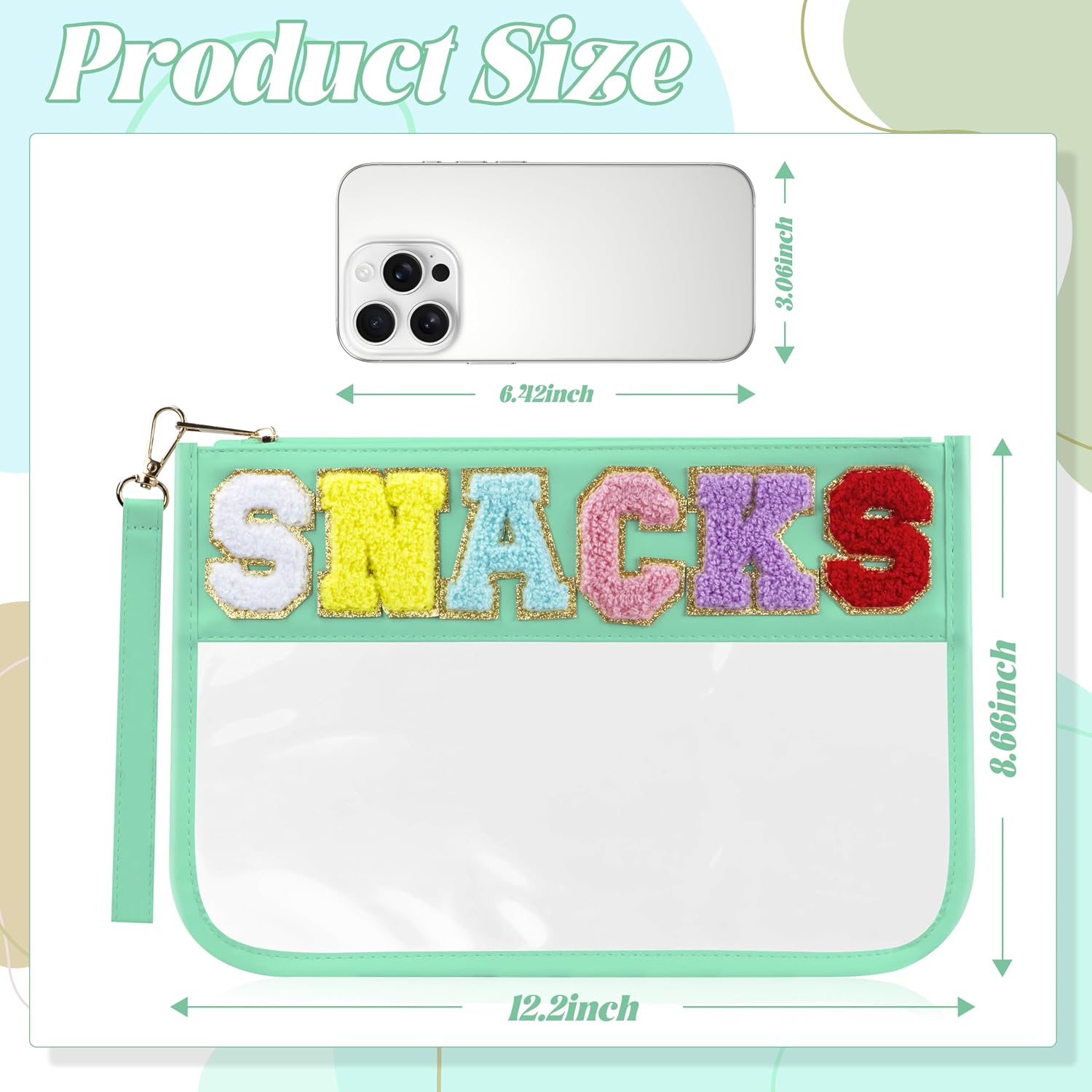 Detalle 2 de BuyCard travel snack bag with chenille letter patch – preppy waterproof zip pouch (minty green)