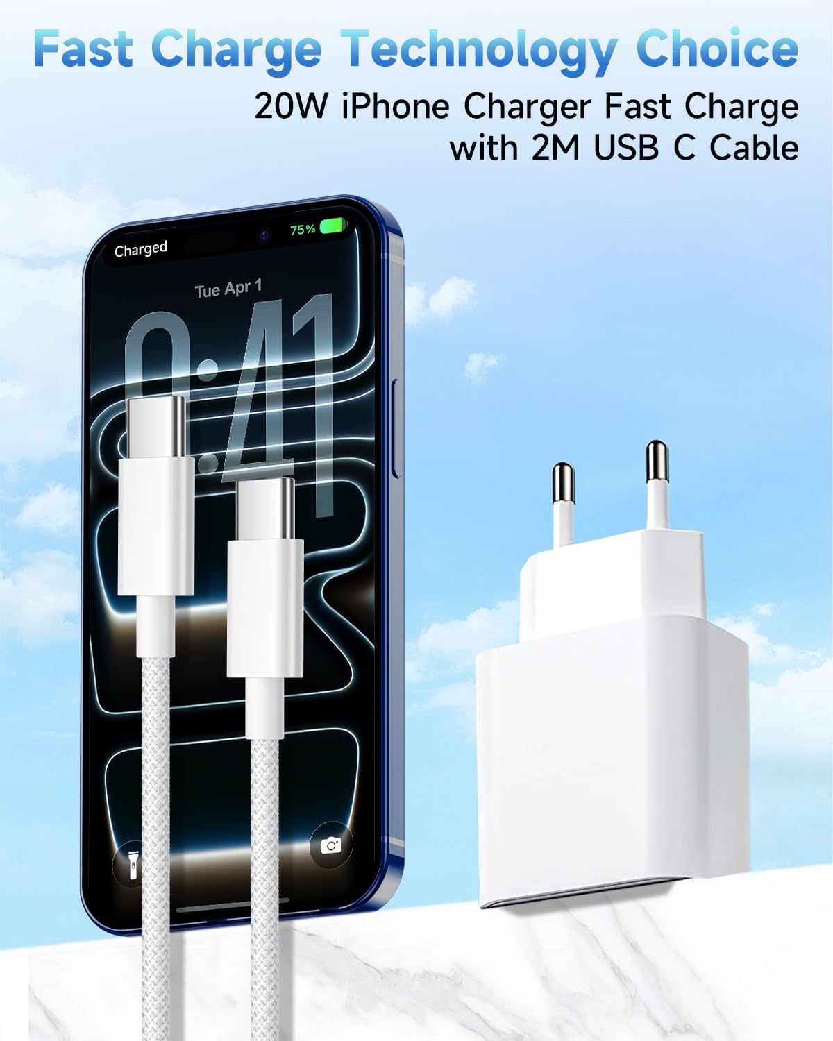 Detalle 2 de Chargeur rapide USB-C 20W 2 Pack avec câble 2 m – pour iPhone 17/16/15, iPad, MacBook et plus