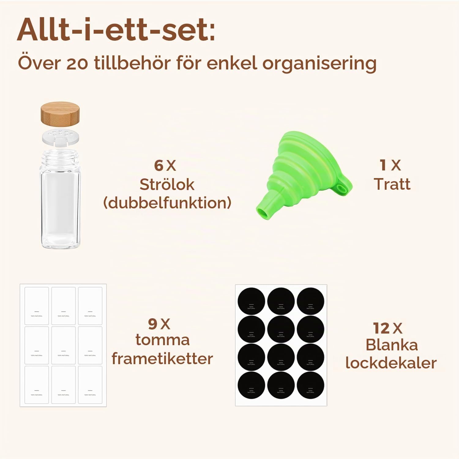 Detalle 2 de ComSaf kryddburkar i glas, 6-pack med bambulock, 120 ml och fyrkantig form