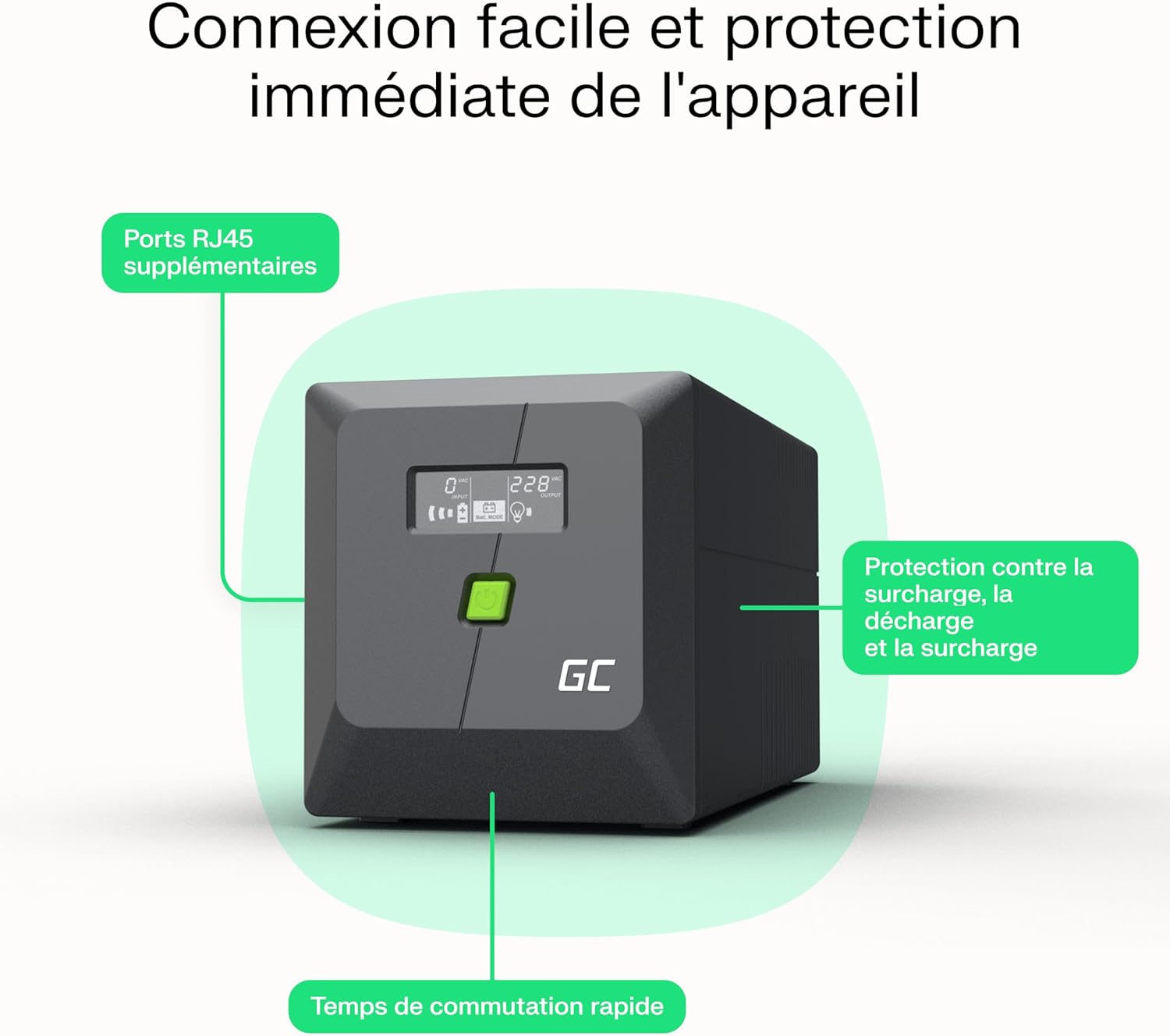 Detalle 2 de Green Cell PowerProof UPS 650VA/360W con display LCD, batteria 12V 7Ah e prese Schuko