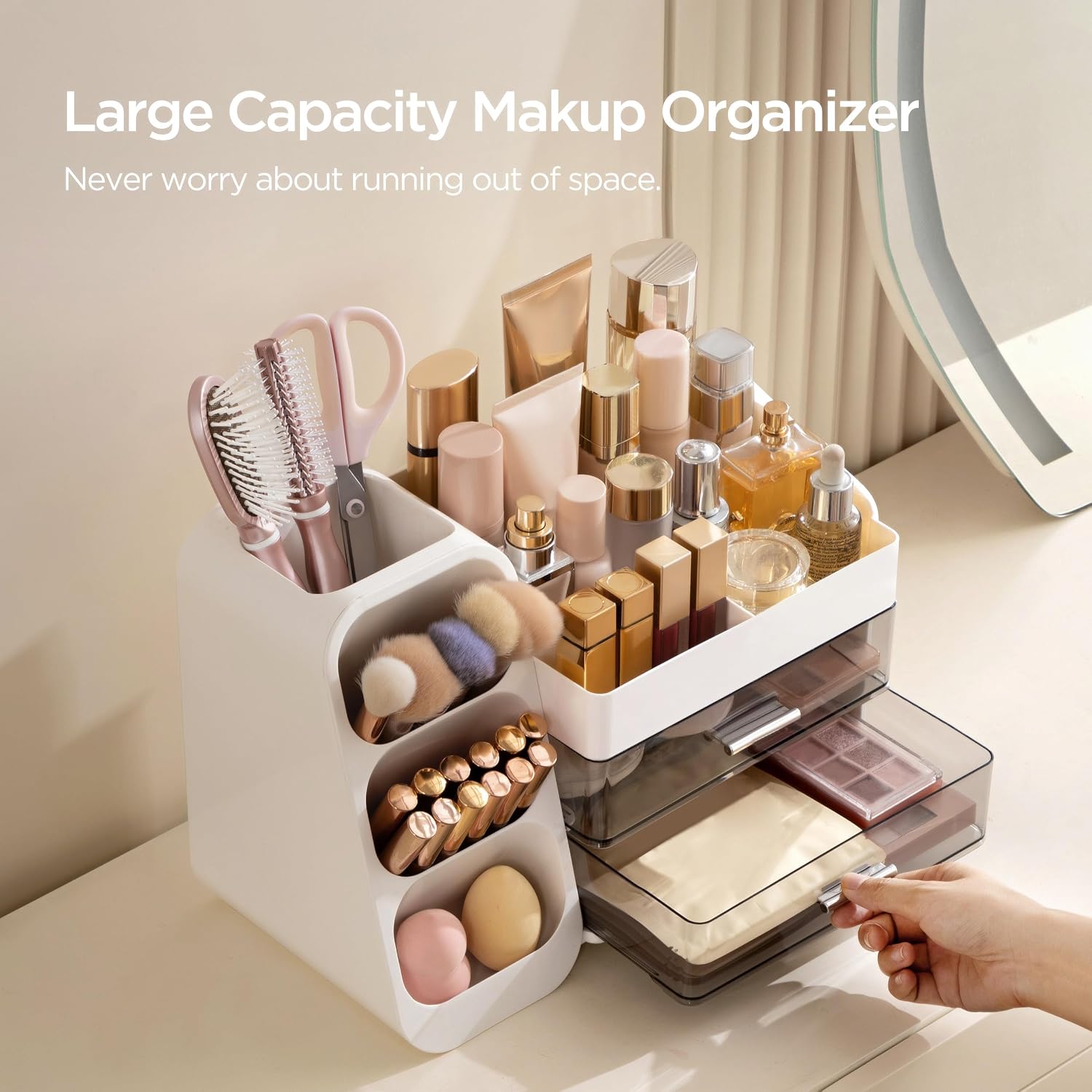 Detalle 2 de HBlife Makeup Kosmetik Organizer mit Schubladen – 3-in-1 Aufbewahrung für Pinsel, Paletten und Flaschen
