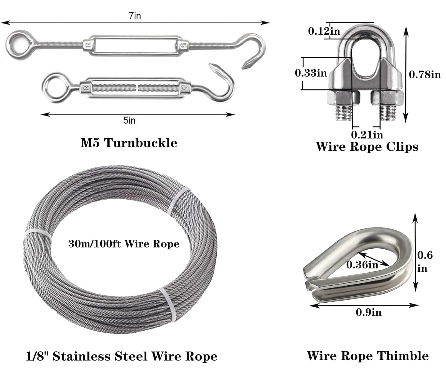 Thumbnail 1 de Roxanned 30m Stainless Steel Wire Rope Kit (3mm) with M5 Turnbuckles, Clips & Thimble for DIY Garden Projects