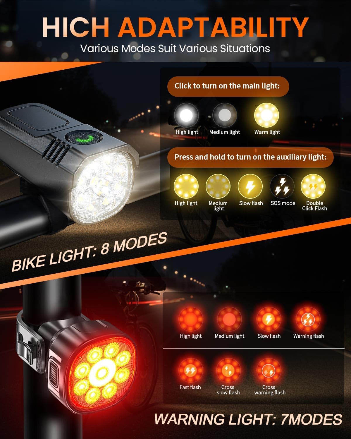 Detalle de Maraiss Rechargeable Front & Back Bike Lights Set (9 LEDs) with IP65 Waterproof Rating