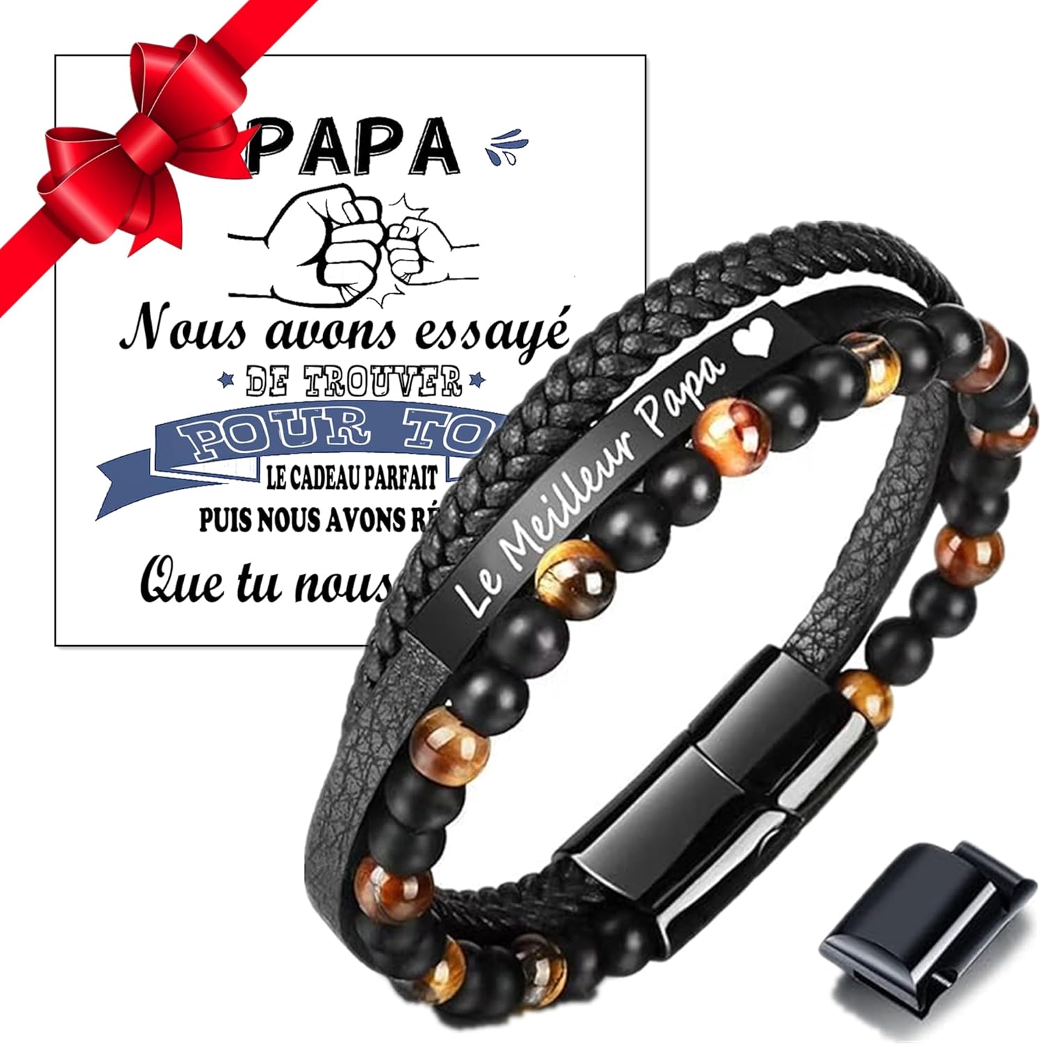 Detalle de Jbniuay Cadeau Homme - Bracelet en cuir avec perles naturelles et œil de tigre, gravé Papa