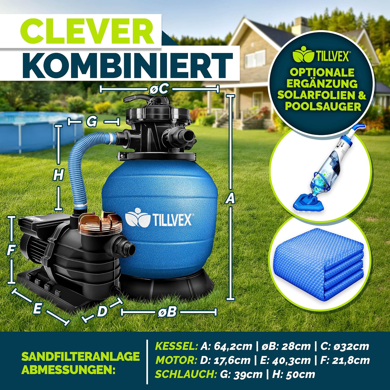 Detalle de Tillvex Sandfilteranlage Pool 10 m³/h inkl. 800 g Filterbälle – 7-Wege Ventil, Ø32/38 mm, Druckanzeige