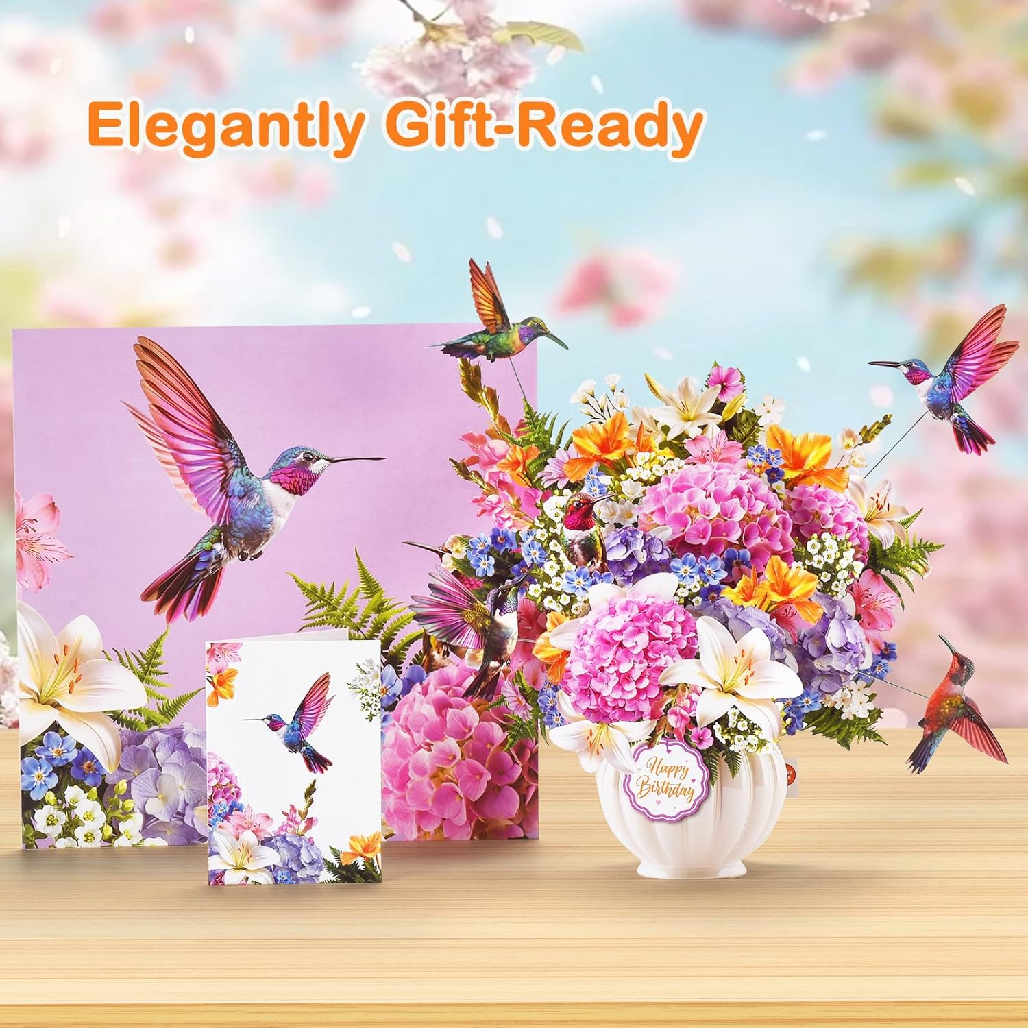 Thumbnail 2 de VIVIKEN Musical Hummingbird Pop-Up Birthday Card with Lights, A5 Floral Design
