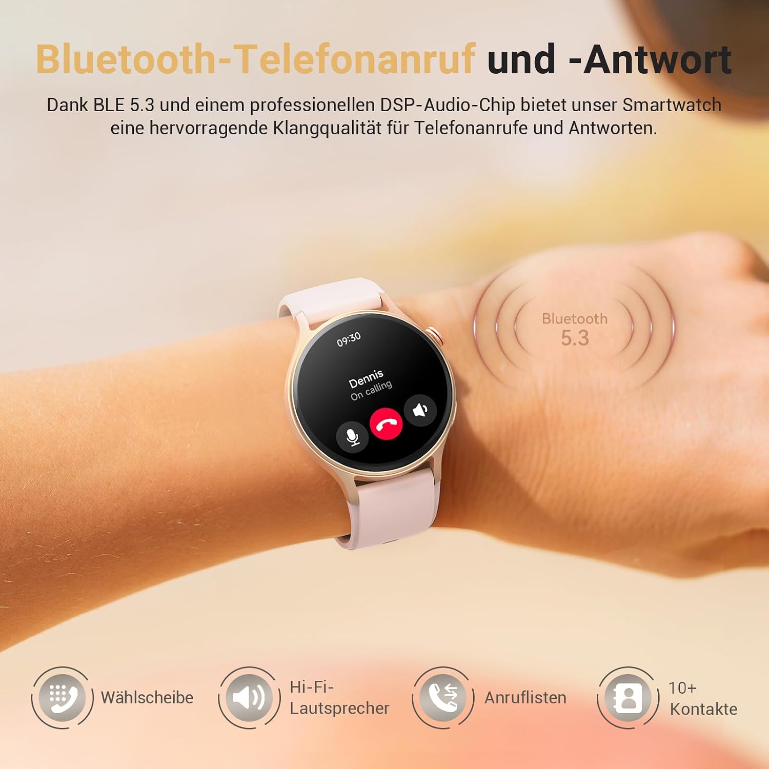 Detalle de Smartwatch Damen Rund mit Telefonfunktion – 1,32" AMOLED Display, 110+ Sportmodi, 3ATM, Puls- und SpO2-Messung, Schlafmonitor, Rosa