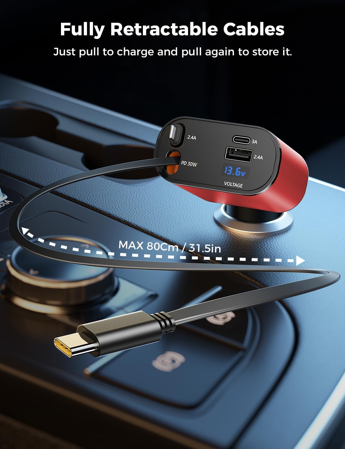 Detalle de SUPERONE PT-16 Retractable Car Charger, 4-in-1 with Dual Cables and Voltage Display