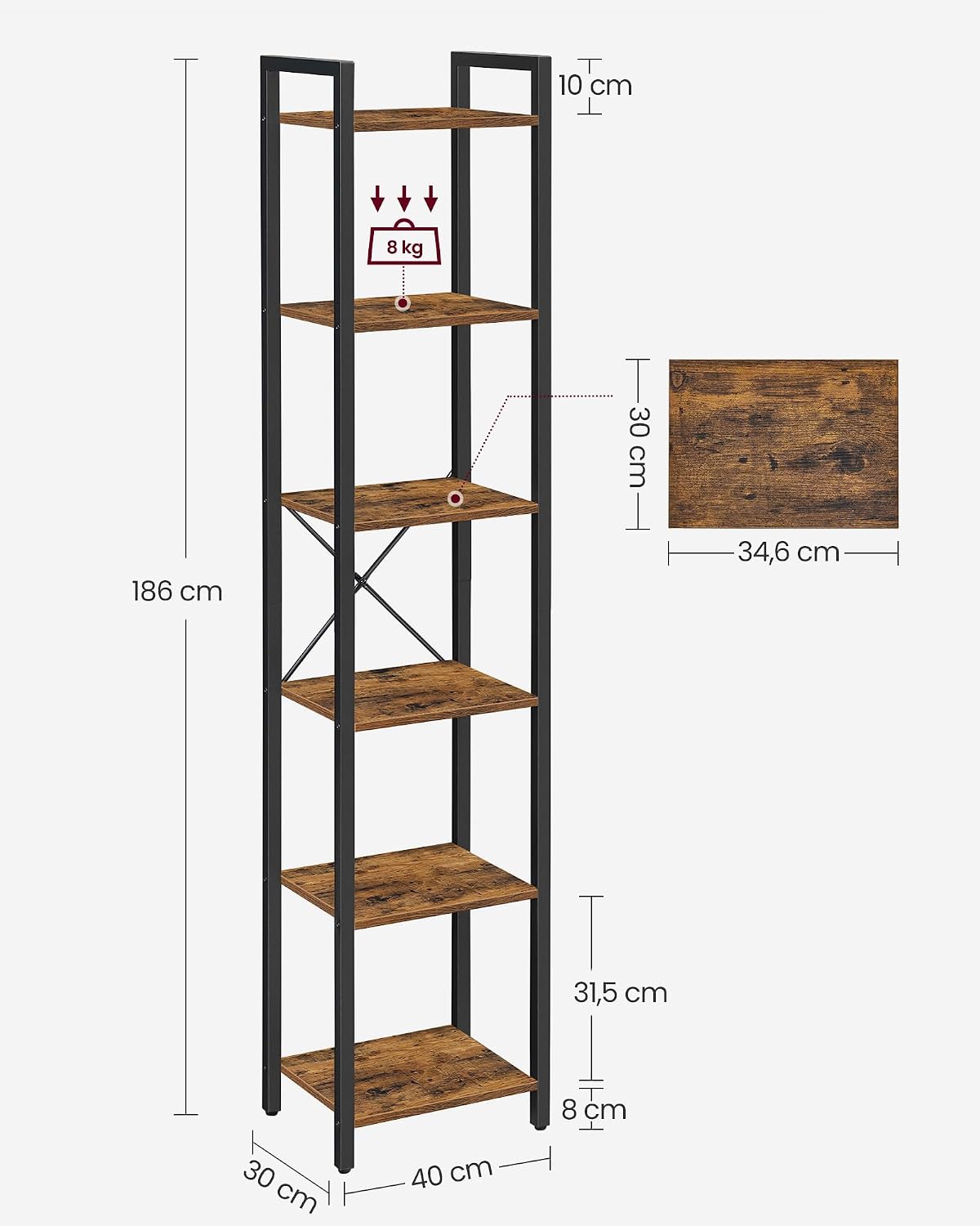 Thumbnail 2 de VASAGLE Scaffale a 6 ripiani LLS101B01 in stile industriale (30 x 40 x 186 cm)