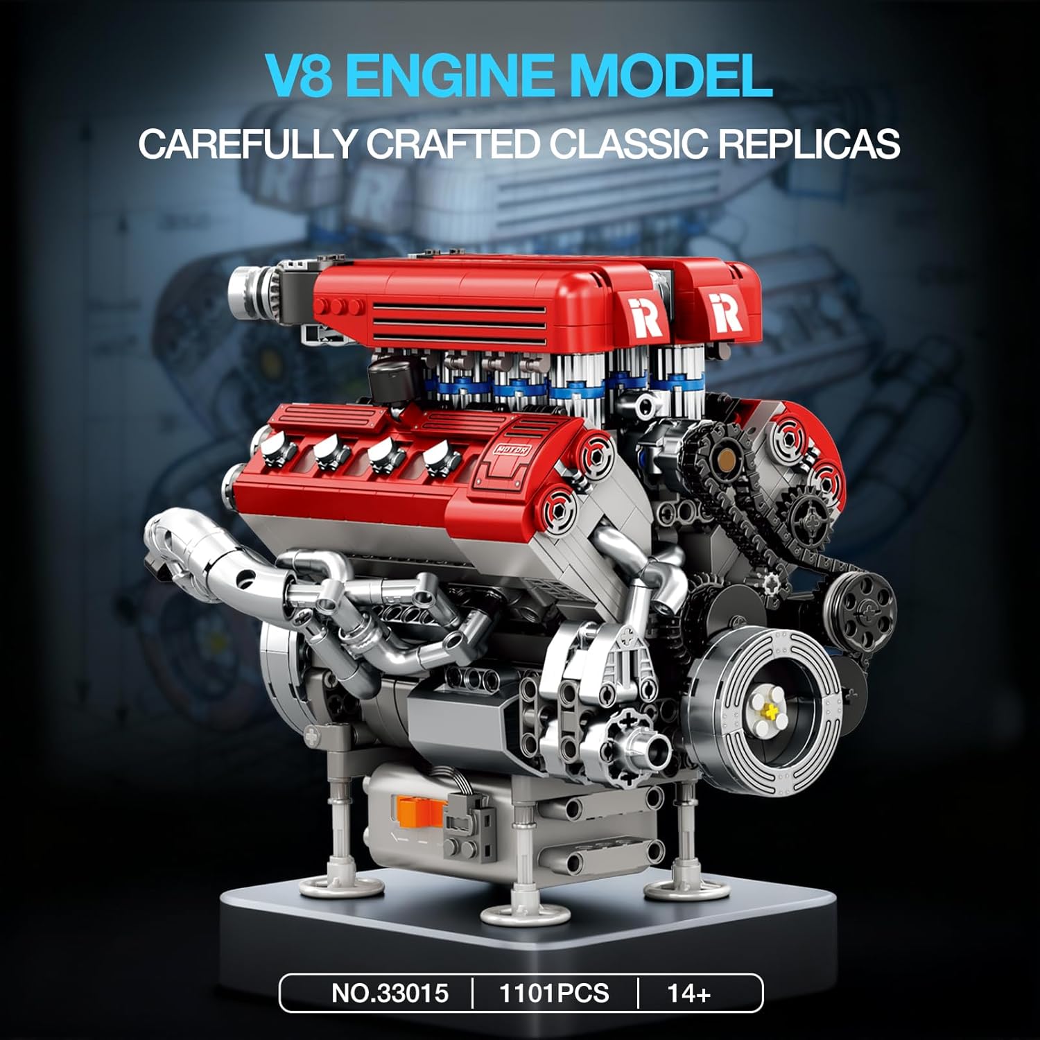 Detalle de Reobrix V8 Engine Model Kit for Adults — 1101 Pieces, Moving V8 Engine Mock-Up
