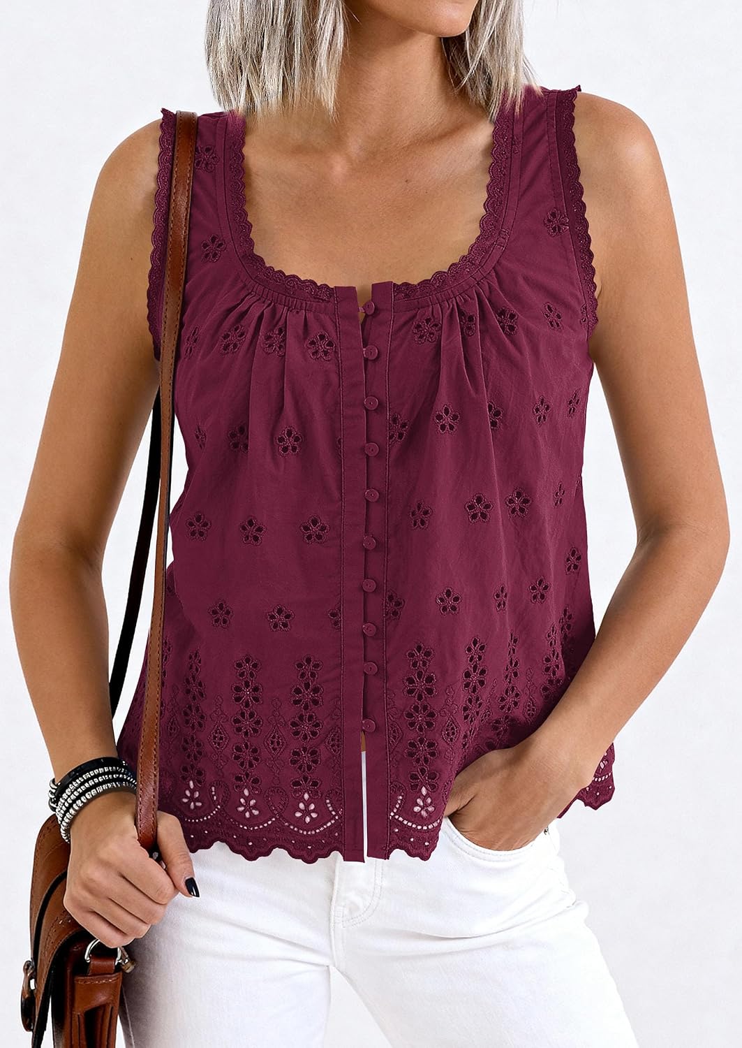Detalle de PrettyGarden Women's Eyelet Button-Down Tank Top (Summer 2026)