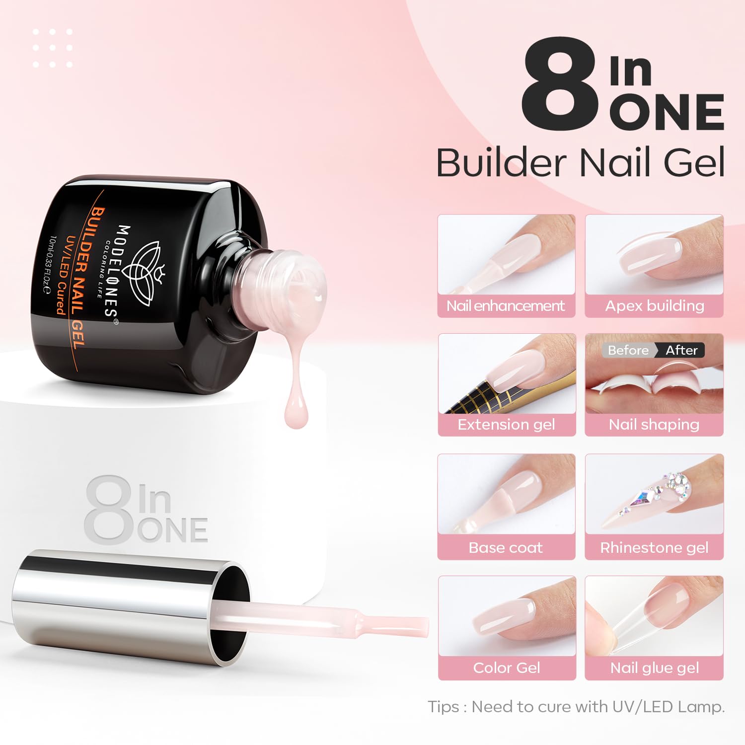 Thumbnail 1 de modelones Builder Nail Gel (2 Pcs) Clear + Cover Nude 10ml — 8-in-one thickening strengthener for LED/UV curing