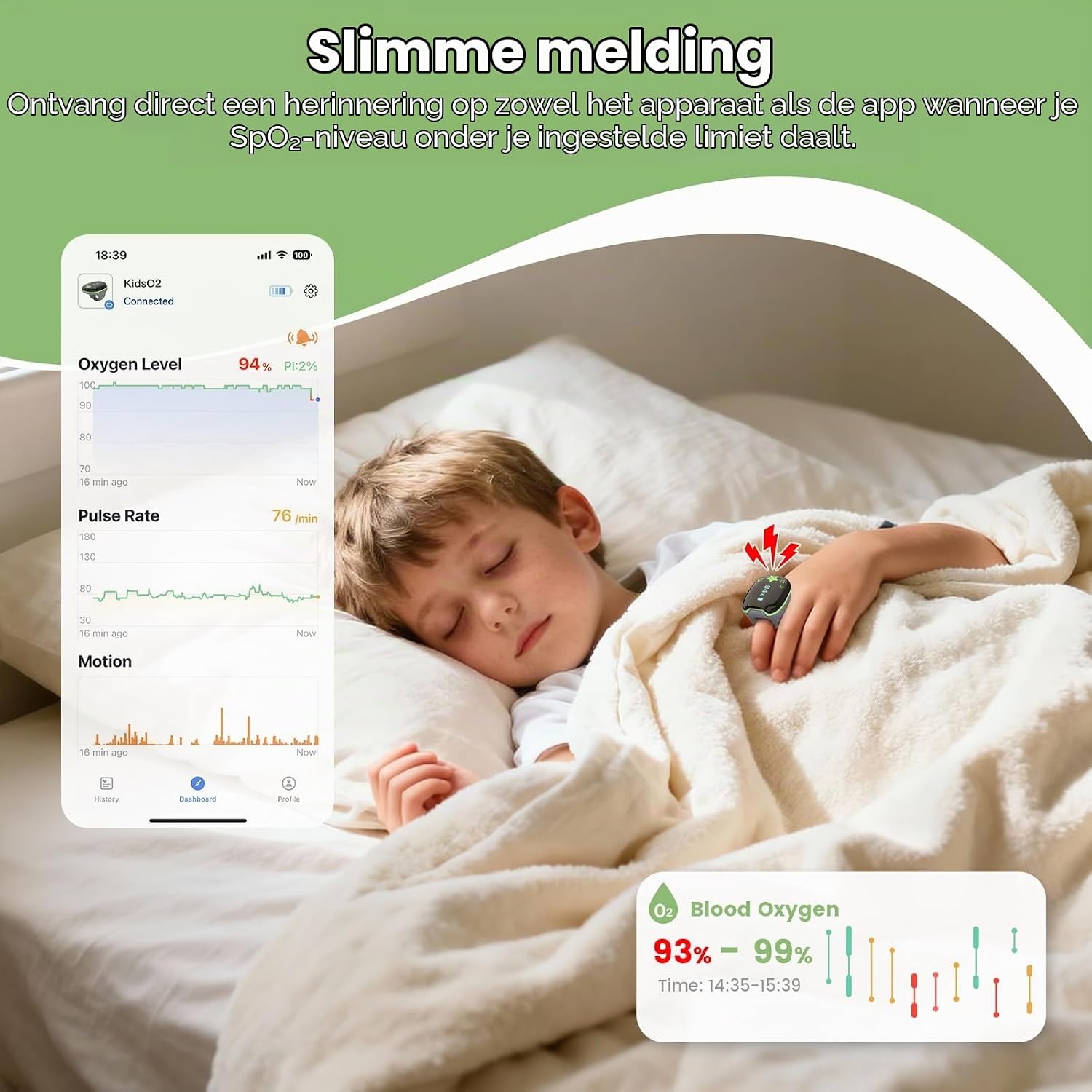Detalle de KidsO2 kinder-pulsoximeter met zachte vingerringsensor en Bluetooth-app