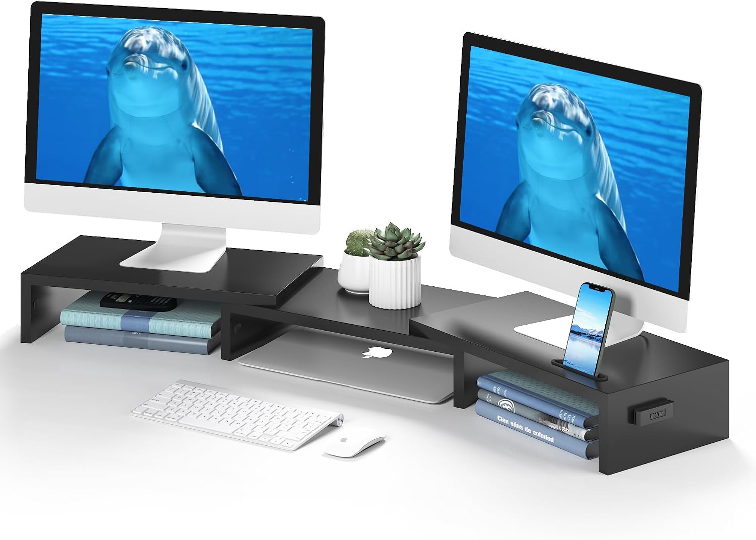 Detalle de BONTEC dubbele monitorstandaard van MDF, verstelbaar van 800 tot 1080 mm
