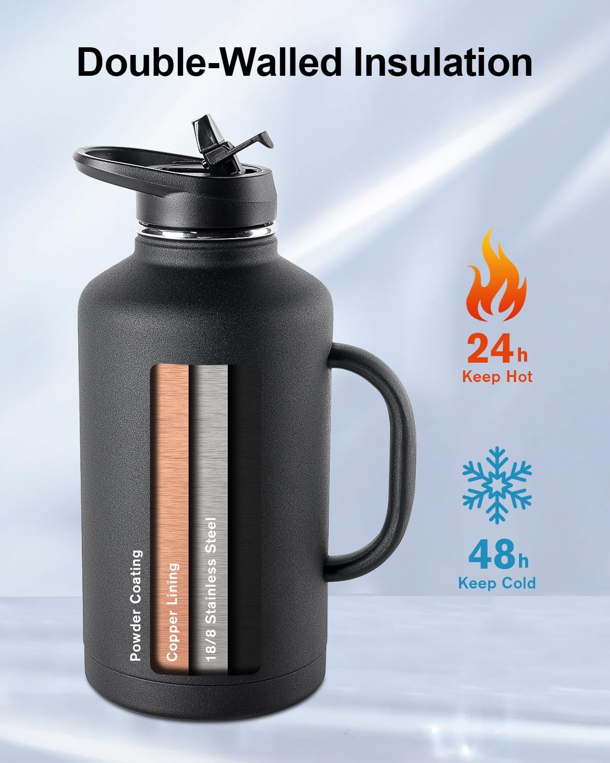 Thumbnail 1 de Trebo Stainless Steel Water Bottle 2L – Large, with Handle, Wide Mouth and Double Wall (Black)