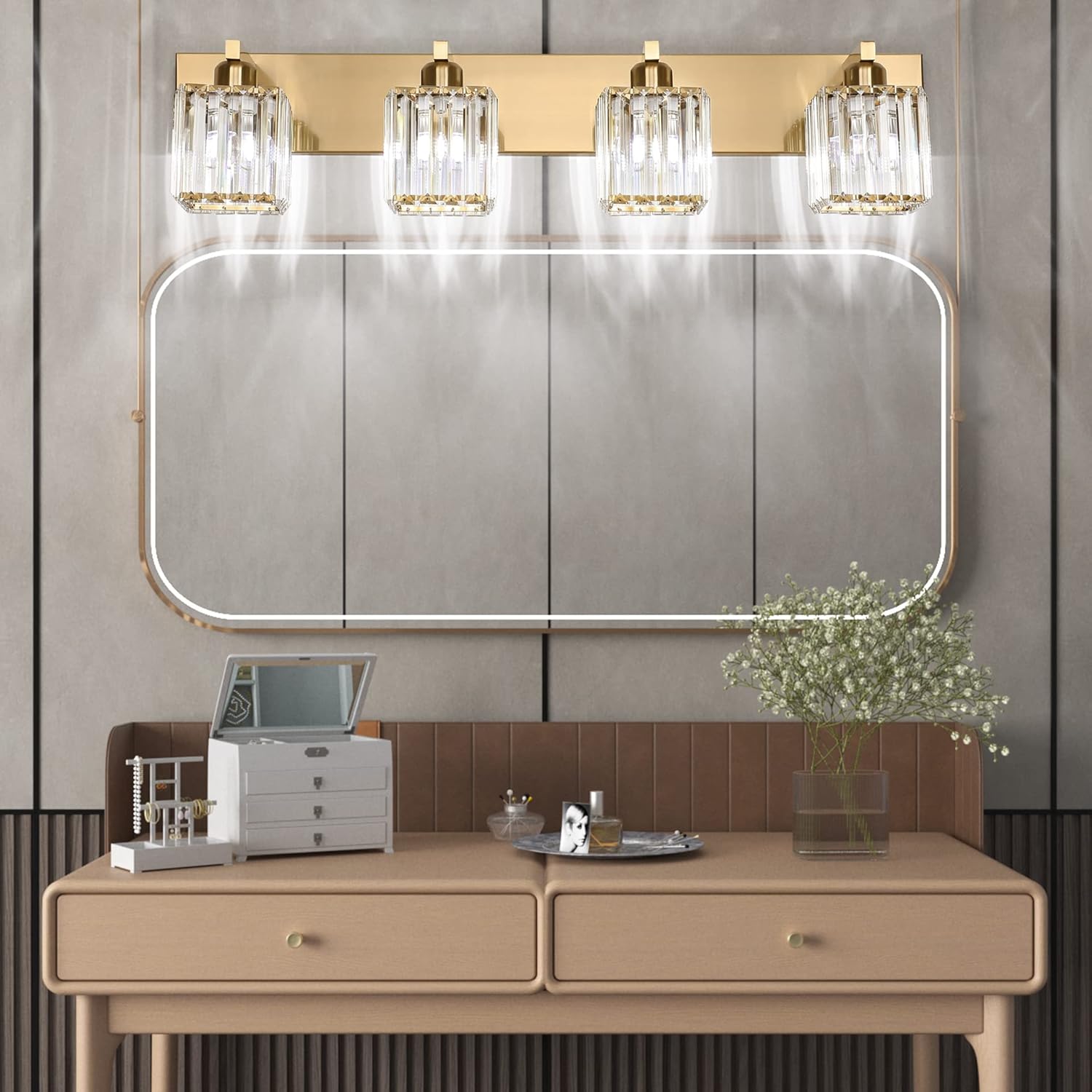 Thumbnail 4 de Aipsun Modern Crystal Brushed Brass 4-Light Vanity Light (Excludes Bulbs)