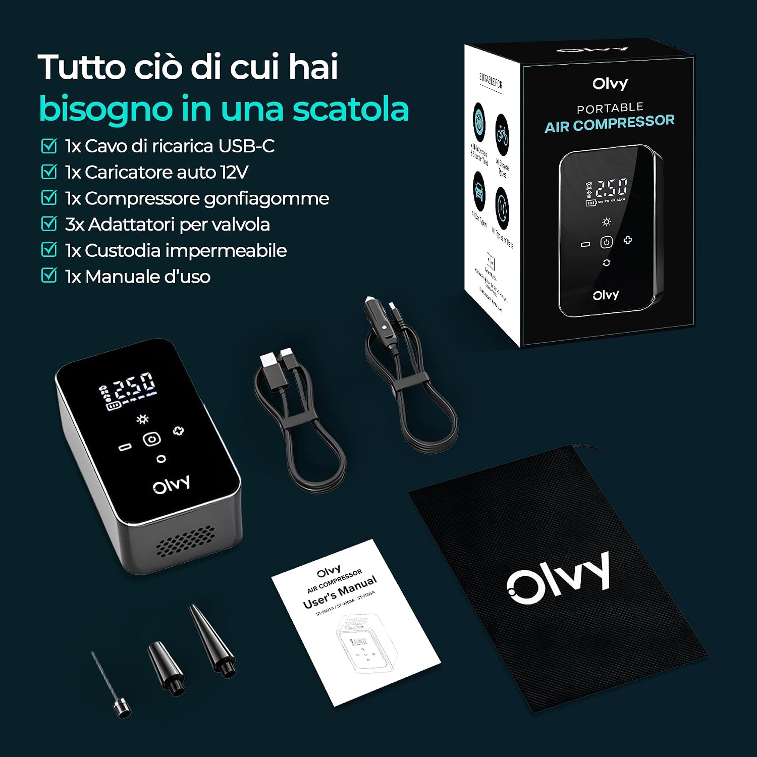 Thumbnail 6 de Olvy Compressore d'aria portatile 12V: gonfiaggio rapido e sicuro ovunque
