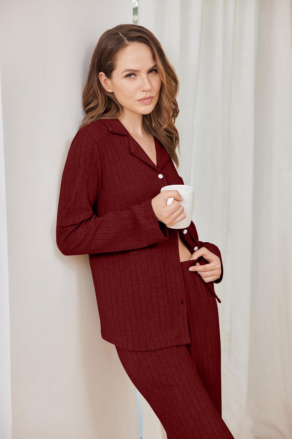 Detalle de Ekouaer Women's Pajama Set in Ribbed Knit