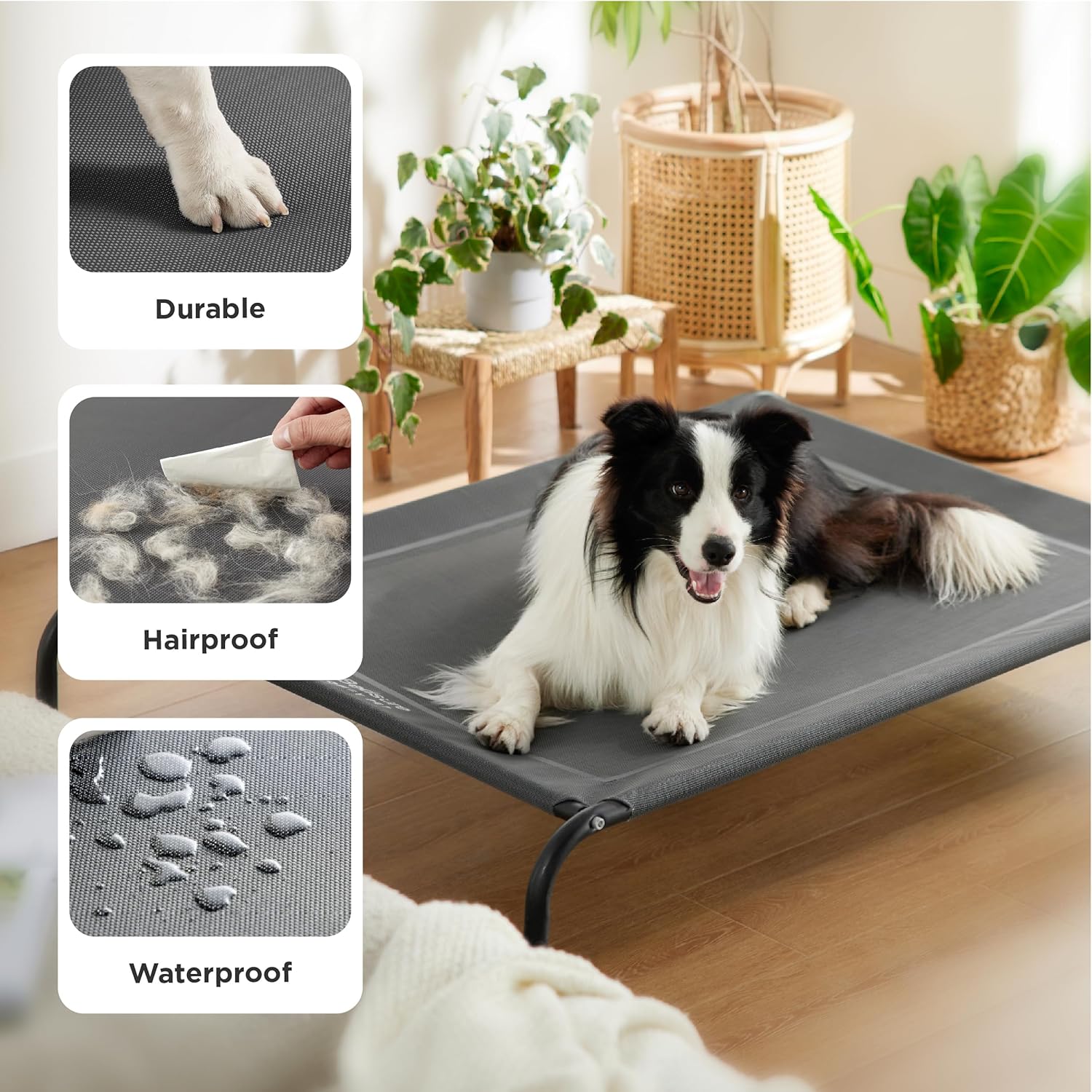 Detalle de Bedsure Hundeliege Outdoor – erhöhtes Hundebett für mittelgroße Hunde, 105 × 80 cm, 20 cm Höhe, grau