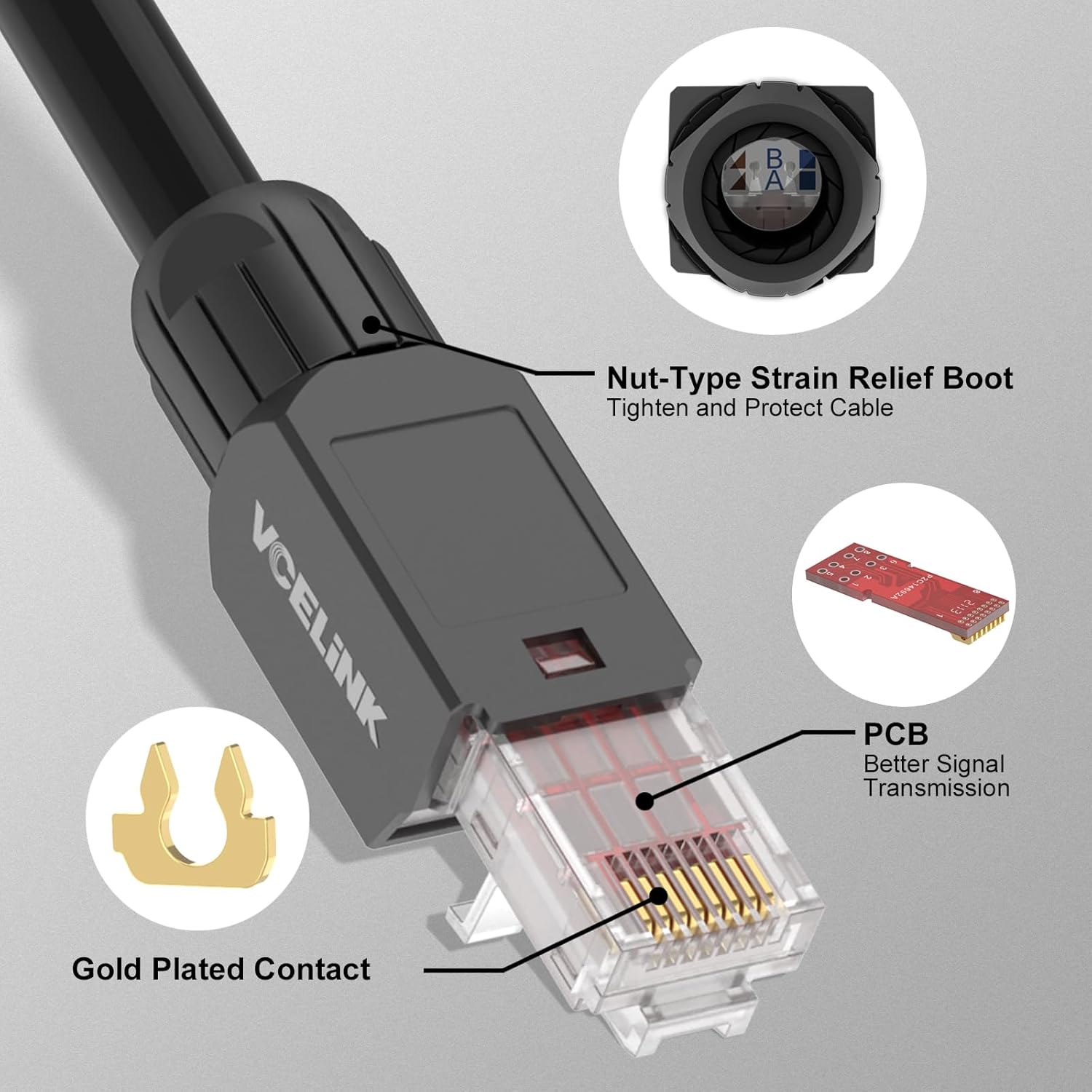 Thumbnail 1 de VCELINK Cat6 Tool-Free RJ45 Connectors (4-Pack) – 1000 Mbps, 250 MHz, Gold-Plated