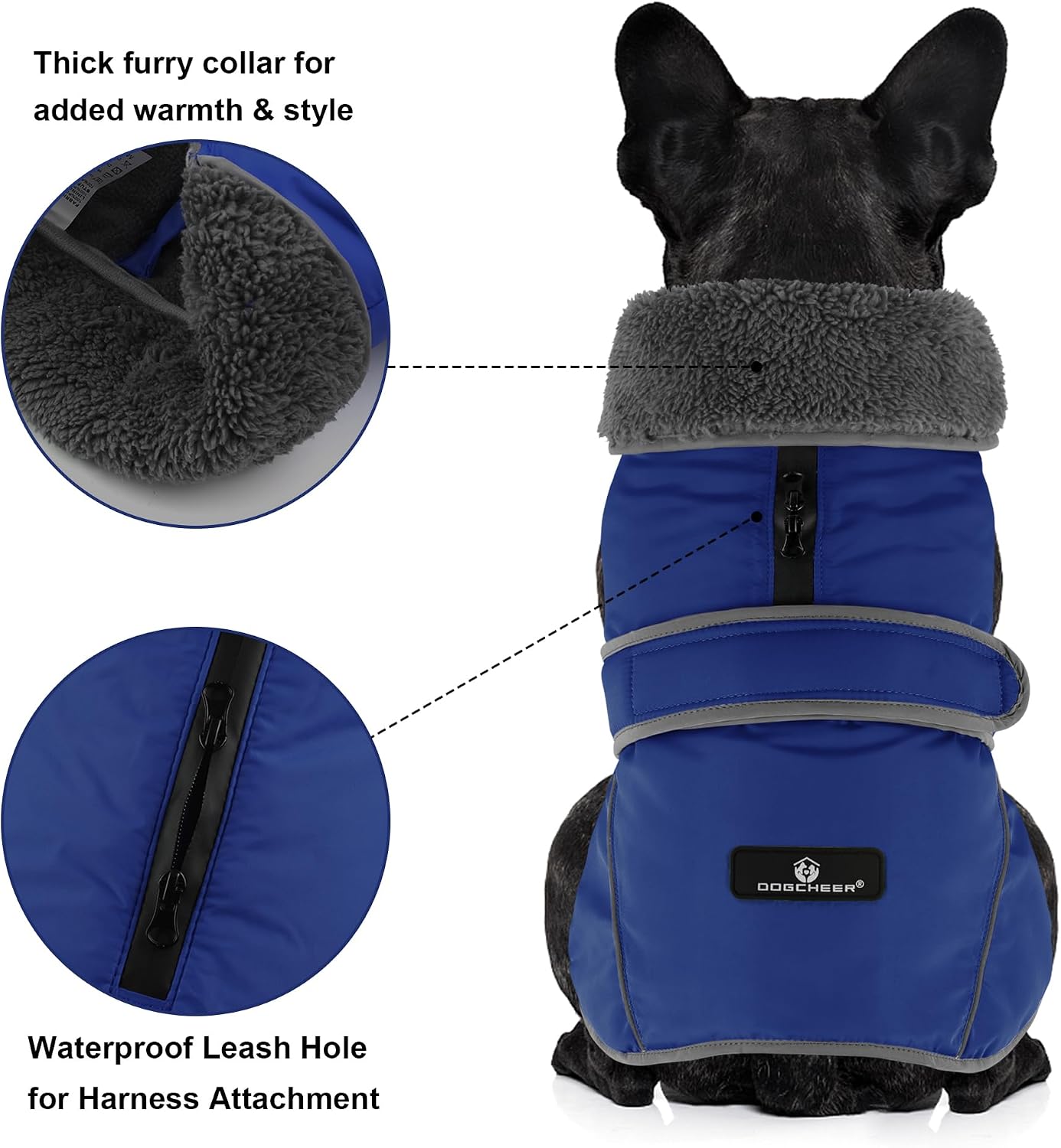 Detalle de Dogcheer MY2008 Dog Winter Coat, Blue Fleece-Lined Reflective Jacket