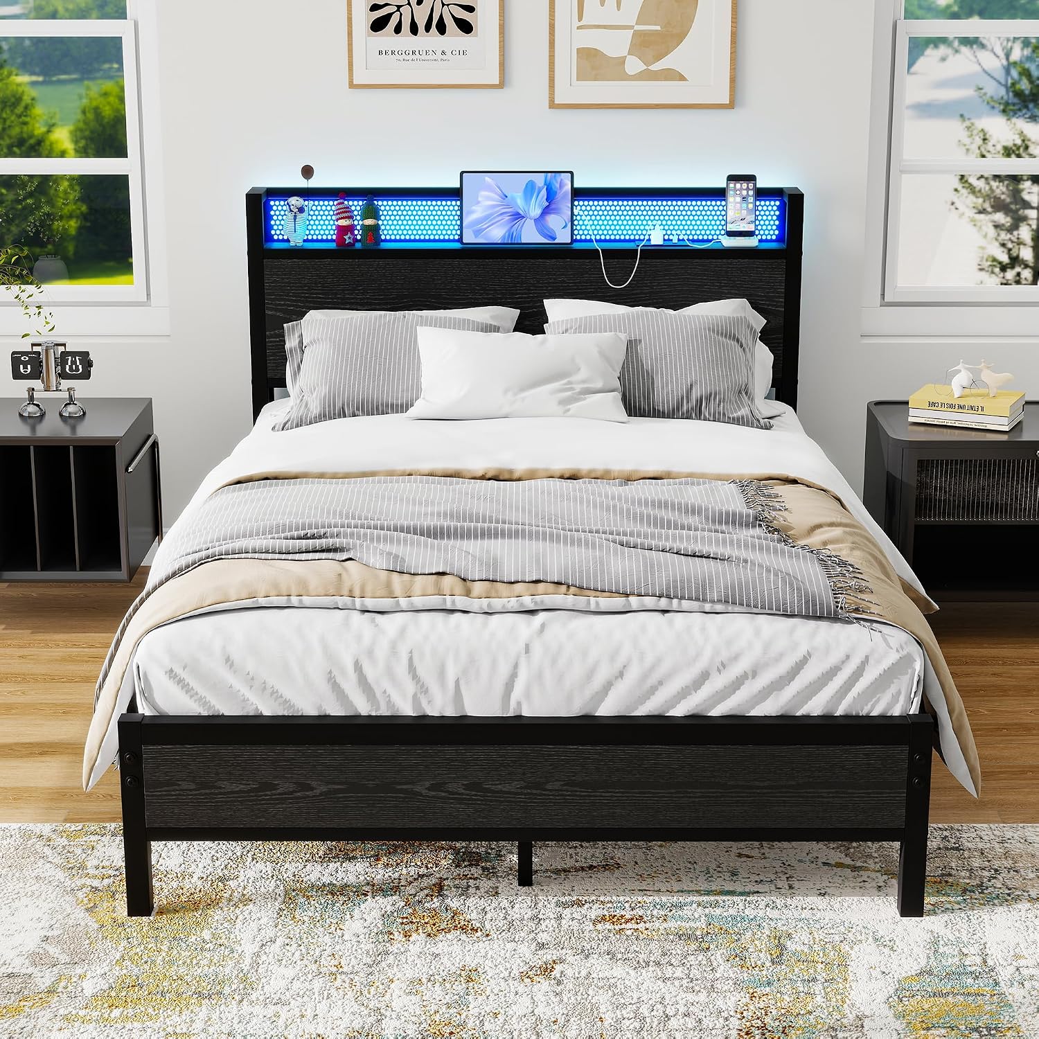 Detalle de Diolong 1012F Full Bed Frame with Storage Headboard, RGB LED Lights and Charging Station