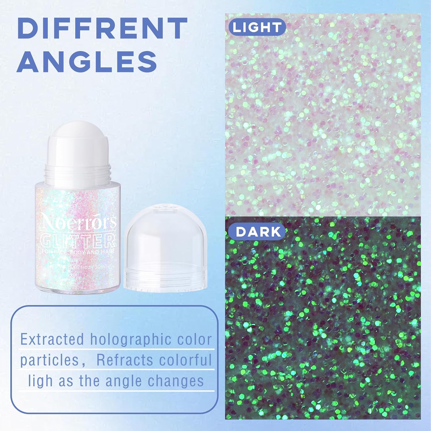 Detalle de Noerrors Roll-on Holographic Body Glitter Gel – Mermaids, Festival Sparkle & Multi-Use Glow