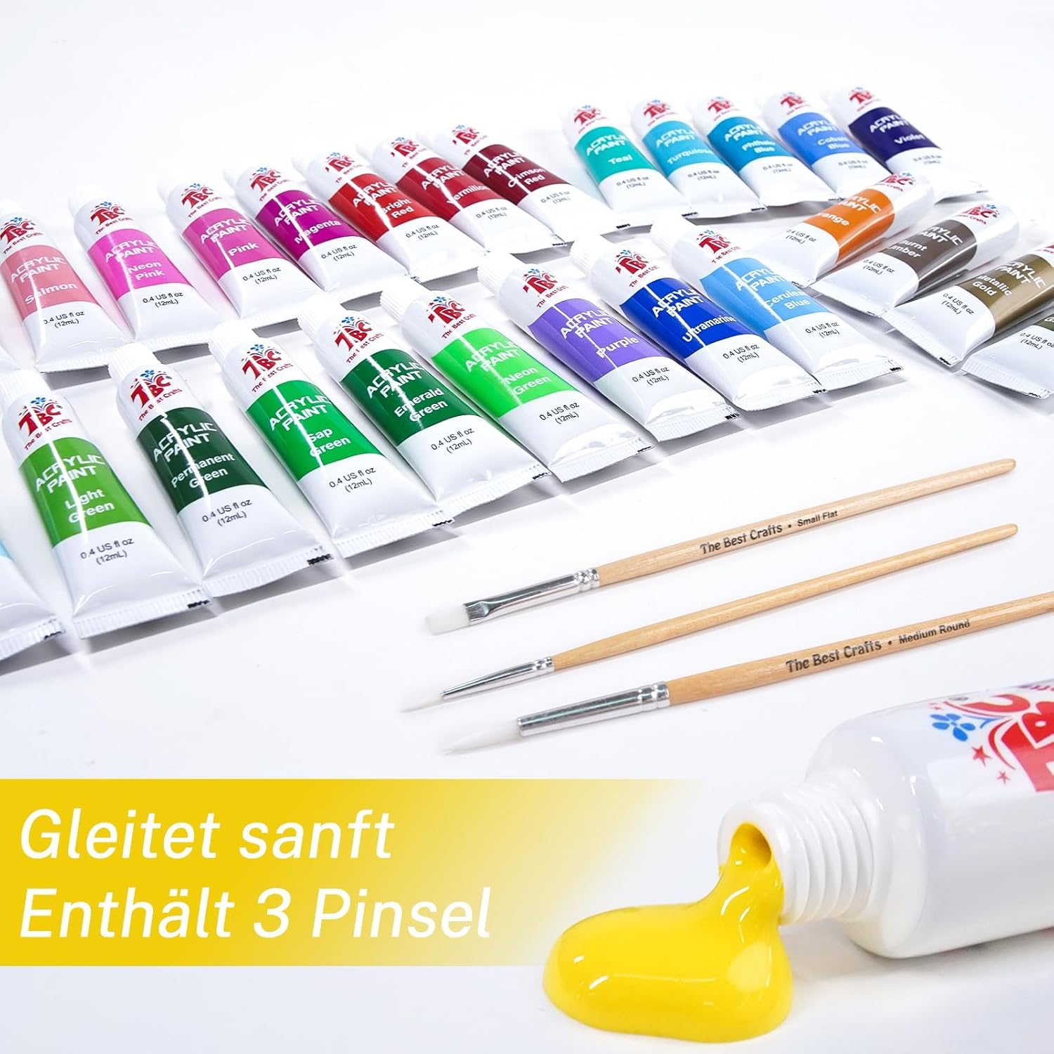 Detalle de 24 couleurs – Peinture acrylique en 24 tubes de 12 ml avec 3 pinceaux, idéal pour artistes et enfants