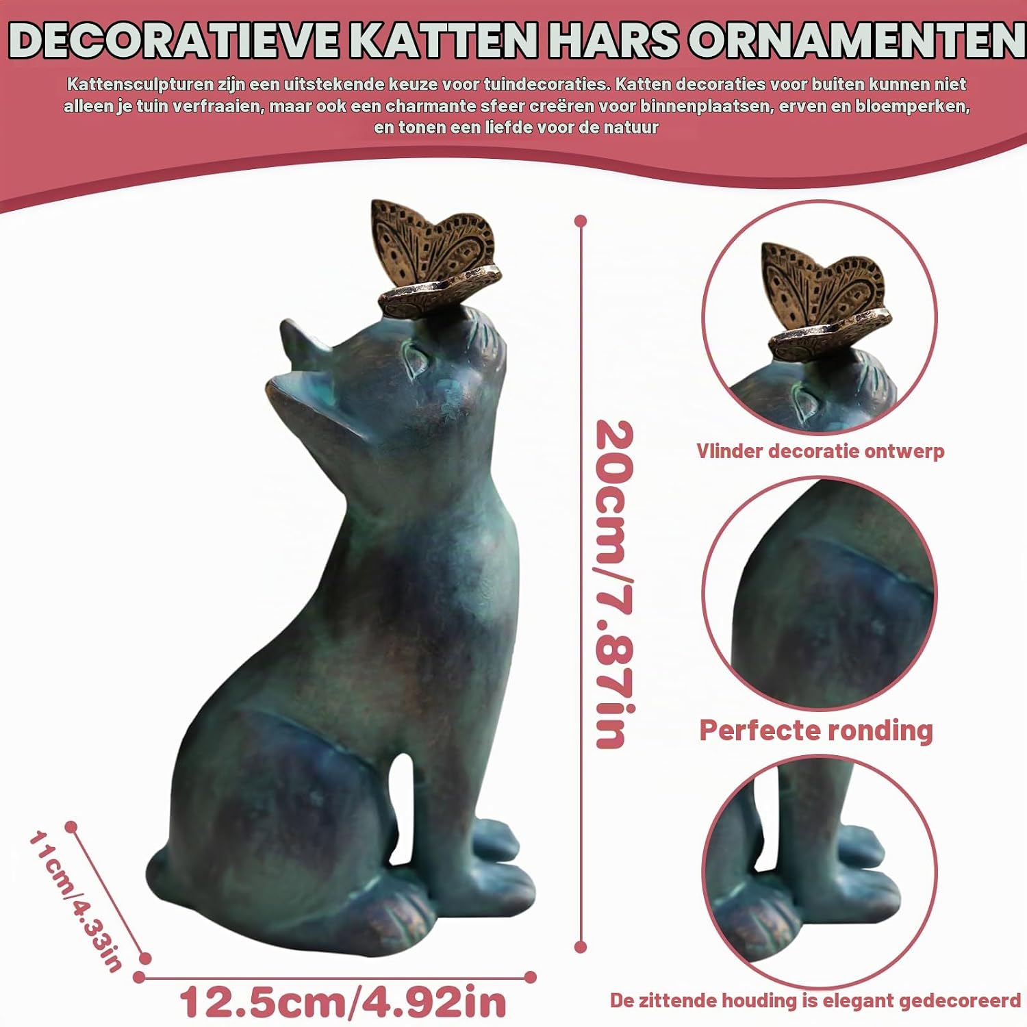 Detalle 2 de PRITOK GHVGHV kattensculptuur van kunsthars met vlinderornament